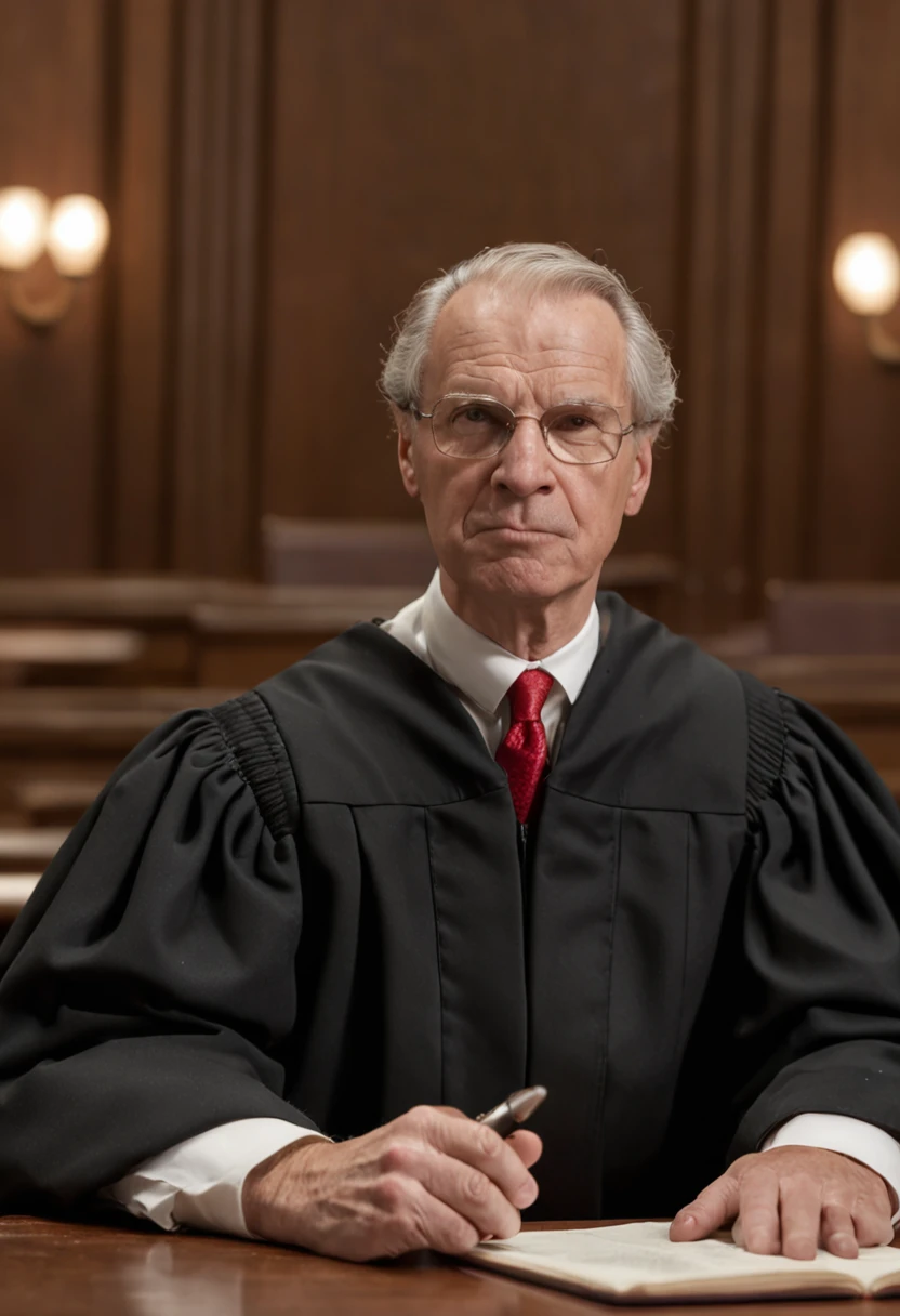 Create an image of a judge sitting in a courtroom with a stern face and appearing to be ranting at someone. The Judge looks angry and has a hammer in his hand.