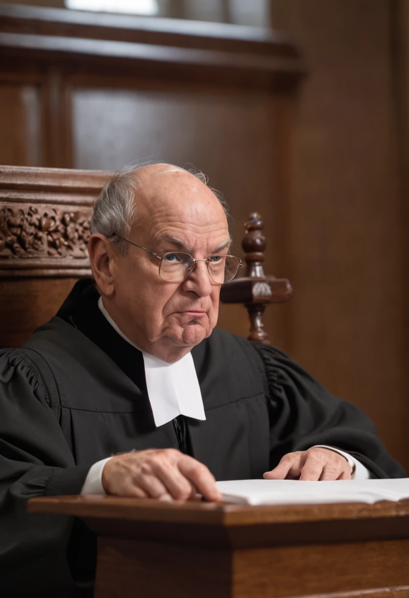 Create an image of a judge sitting in a courtroom with a stern face and appearing to be ranting at someone. The Judge looks angry and has a hammer in his hand.