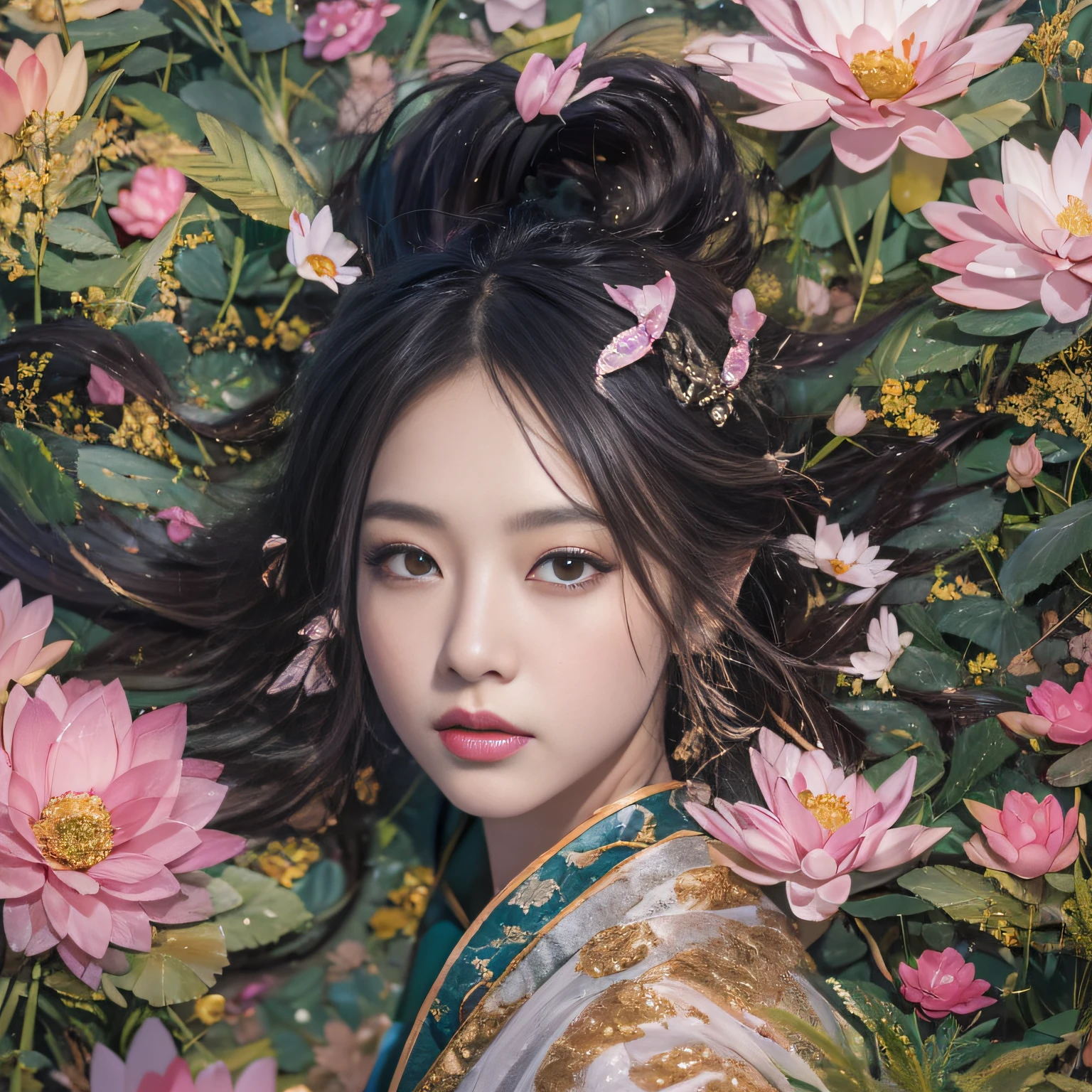 32K（tmasterpiece，k hd，hyper HD，32K）Long flowing black hair，ponds，zydink， a color，  Asian people （Silly girl）， （Silk scarf）， Combat posture， looking at the ground， long whitr hair， Floating hair， Carp pattern headdress， Chinese long-sleeved clothing， （abstract ink splash：1.2）， Pink petal background，Pink and white lotus flowers fly（realisticlying：1.4），Black color hair，Fallen leaves flutter，The background is pure， A high resolution， the detail， RAW photogr， Sharp Re， Nikon D850 Film Stock Photo by Jefferies Lee 4 Kodak Portra 400 Camera F1.6 shots, Rich colors, ultra-realistic vivid textures, Dramatic lighting, Unreal Engine Art Station Trend, cinestir 800，Long flowing black hair