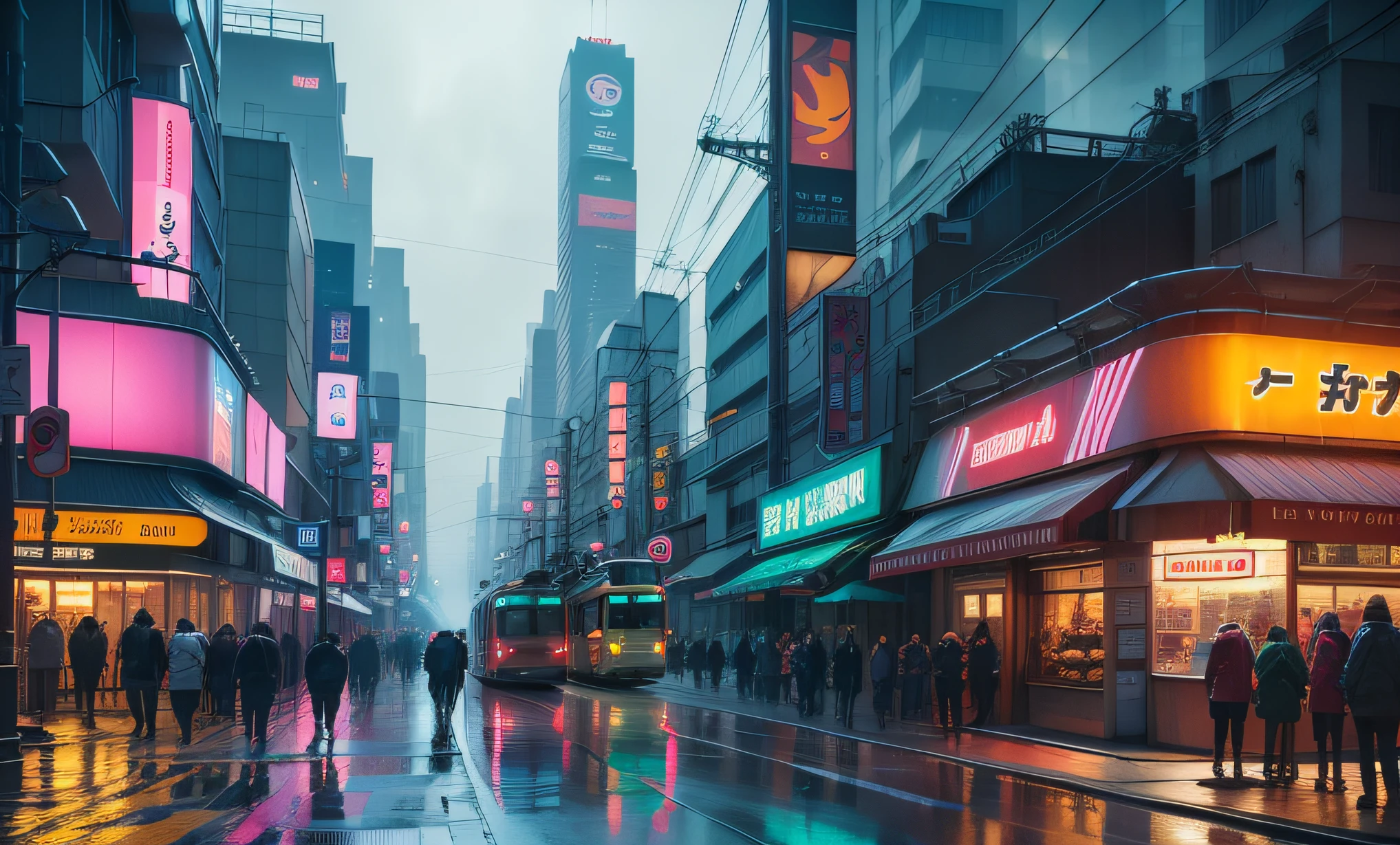 TOKYO CITY WITH FUTURISTIC TRAM ON STREET　Max Quality　MasterPiece　SF Future World Bridges, rainy Night, Neon, japan architecture cyberpunk 2077, neon fog, traditional architecture, blade runner 2049, science fiction art, futuristic city, skyscraper on background