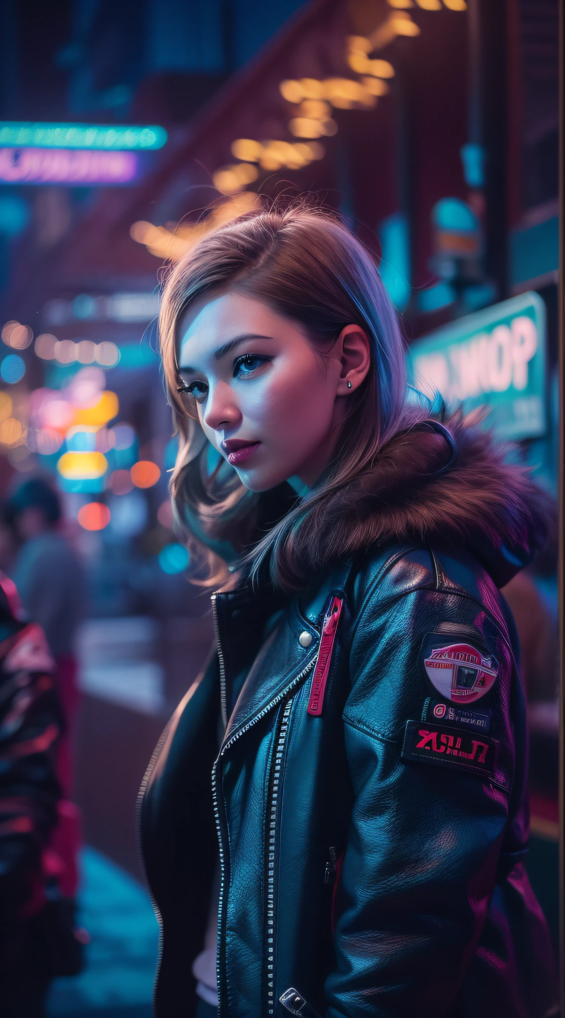 A woman in a leather jacket with a light smile and a city behind her, in the style of neon realism, charming characters, action paintings, BLUE neon, LIGHTS on, sunny day, depht-of-field, bokeh, (frontlighting:1.2), (backlighting:0.75), (fill light:0.9), bloom, chromatic aberration, (lens flare:1.2), gadgetpunk, solapunk, colorful street scenes, crimson and amber, best quality, beautiful, film grain