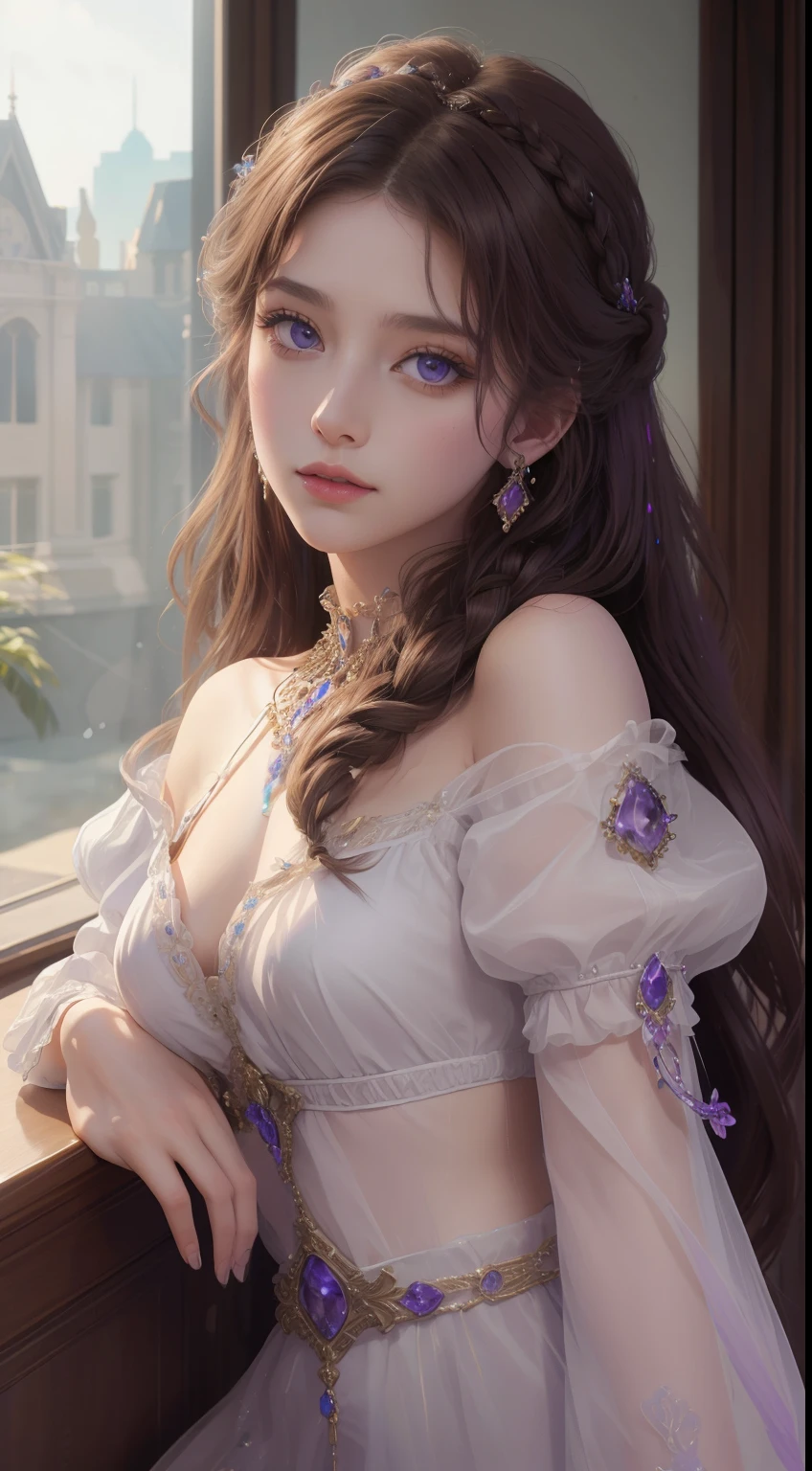 tmasterpiece，Highest image quality，Beautiful bust of a noble maiden，Delicate brown braided hair，Violet eyes are clear，Embellished with a dazzling array of intricate jewelry，Soft light，super detailing，upscaled。