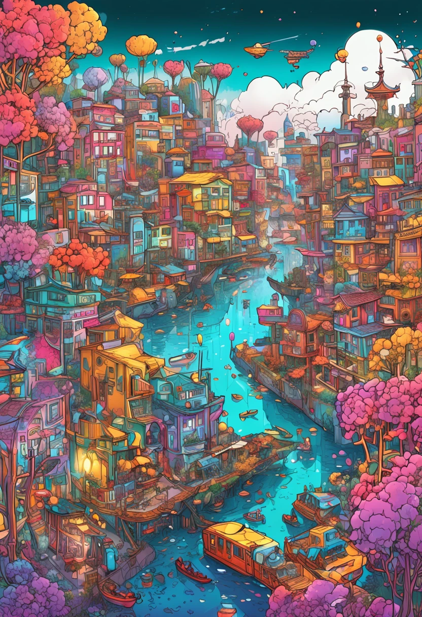 Illustration of colorful cyberpunk flower city with river flowing,Nostalgic and avant-garde、 Sakura blizzard、lots of flower、Vivid rainbow, Little dove and little gull flying, colorful city, Brightly colored buildings,Shimmering gold and silver roof,Cottage Town, A dazzling magical village of sparkling gold and silver, Colorful scene, colorful architectural drawing, Illustrative!!, Coloring in lots of colors,