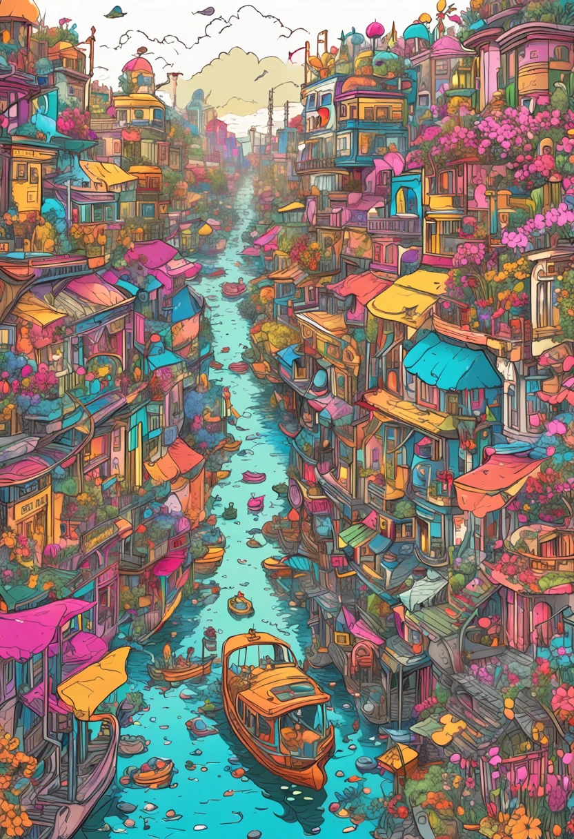 Illustration of colorful cyberpunk flower city with river flowing,Nostalgic and avant-garde、 Sakura blizzard、lots of flower、Vivid rainbow, Little dove and little gull flying, colorful city, Brightly colored buildings,Shimmering gold and silver roof,Cottage Town, A dazzling magical village of sparkling gold and silver, Colorful scene, colorful architectural drawing, Illustrative!!, Coloring in lots of colors,