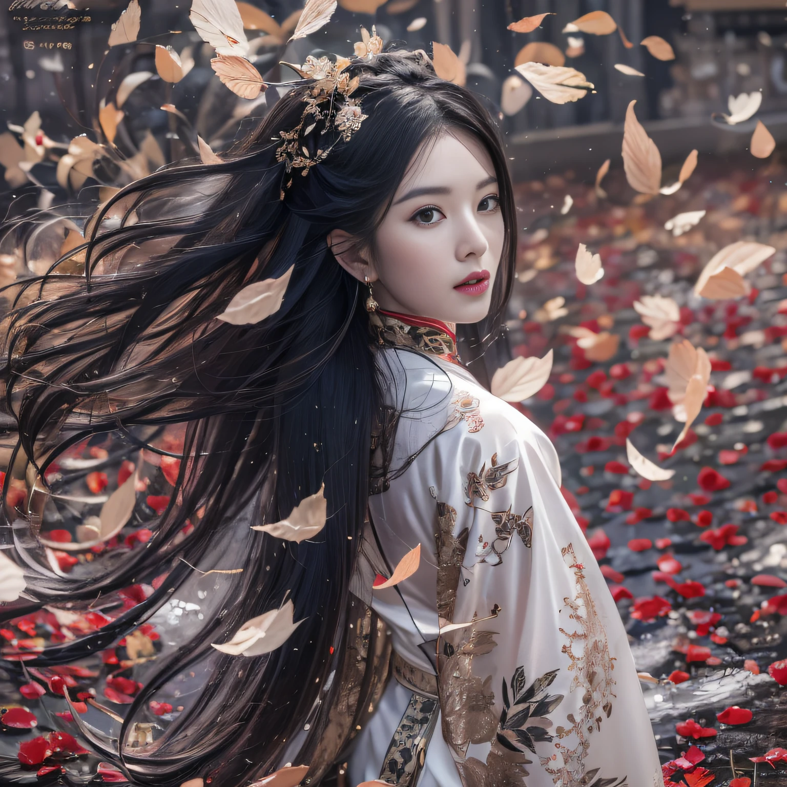 32K（tmasterpiece，k hd，hyper HD，32K）Long flowing black hair，ponds，zydink， a color，  Asian people （Silly girl）， （Silk scarf）， Combat posture， looking at the ground， long whitr hair， Floating hair， Carp pattern headdress， Chinese long-sleeved clothing， （abstract ink splash：1.2）， Pink petal background，Pink and white lotus flowers fly（realisticlying：1.4），Black color hair，Fallen leaves flutter，The background is pure， A high resolution， the detail， RAW photogr， Sharp Re， Nikon D850 Film Stock Photo by Jefferies Lee 4 Kodak Portra 400 Camera F1.6 shots, Rich colors, ultra-realistic vivid textures, Dramatic lighting, Unreal Engine Art Station Trend, cinestir 800，Long flowing black hair