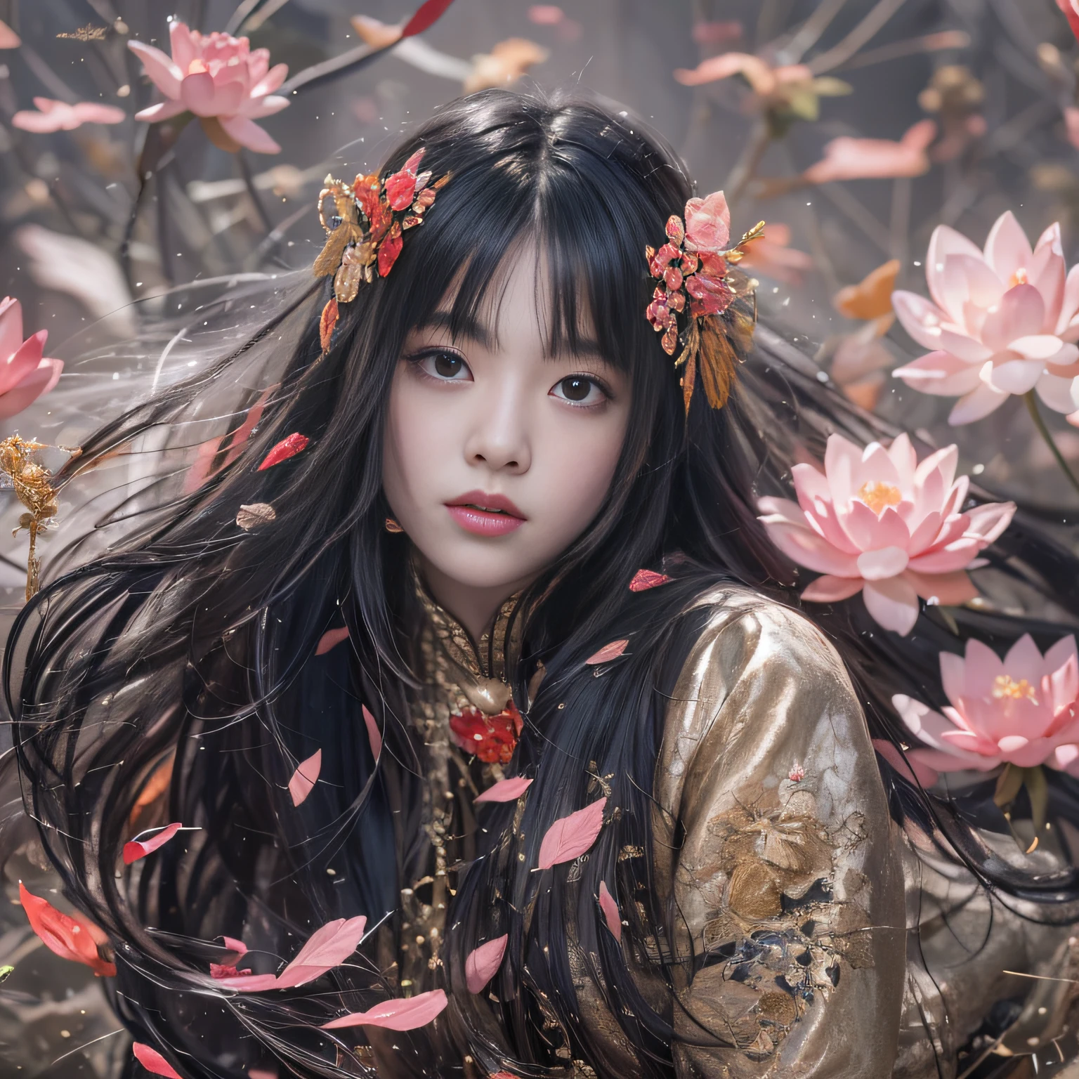 32K(tmasterpiece,k hd,hyper HD,32K)Long flowing black hair,ponds,zydink, a color, Asian people (Silly girl), (Silk scarf), Combat posture, looking at the ground, long whitr hair, Floating hair, Carp pattern headdress, Chinese long-sleeved clothing, (abstract ink splash:1.2), Pink petal background,Pink and white lotus flowers fly(realisticlying:1.4),Black color hair,Fallen leaves flutter,The background is pure, A high resolution, the detail, RAW photogr, Sharp Re, Nikon D850 Film Stock Photo by Jefferies Lee 4 Kodak Portra 400 Camera F1.6 shots, Rich colors, ultra-realistic vivid textures, Dramatic lighting, Unreal Engine Art Station Trend, cinestir 800,Long flowing black hair