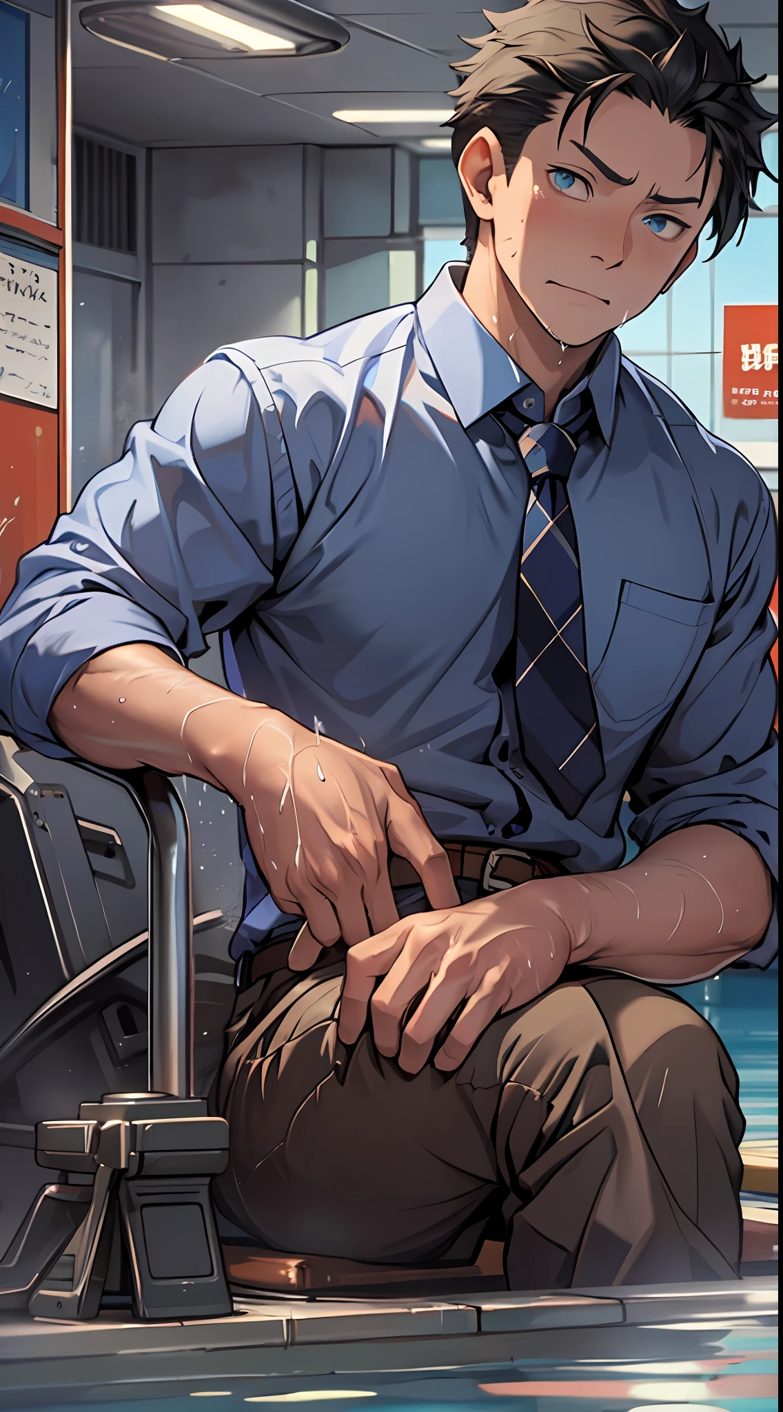 (1 Adult male),A high resolution, Sharp focus, Pixiv masterpiece, ((Complicated details)), highly detailed, natsuki_subaru, 1 man,perfect male figure,Urine on the trouser leg, Nervously bow your head,is shy,embarressed,exhilarated,is shocked,panicking,worry,A pool of urine formed around him,Very eager to pee,Unbearable,Wet yourself,Urine discharge,full bodyesbian,sit astride,Tired,decadent, blue color eyes(eyes glowing), Black hair short hair,Blue plaid shirt,Wear a tie,Wear a belt,trousers,perspire,Drenched,Get wet,pissing,urine flows down the pants,look from down
