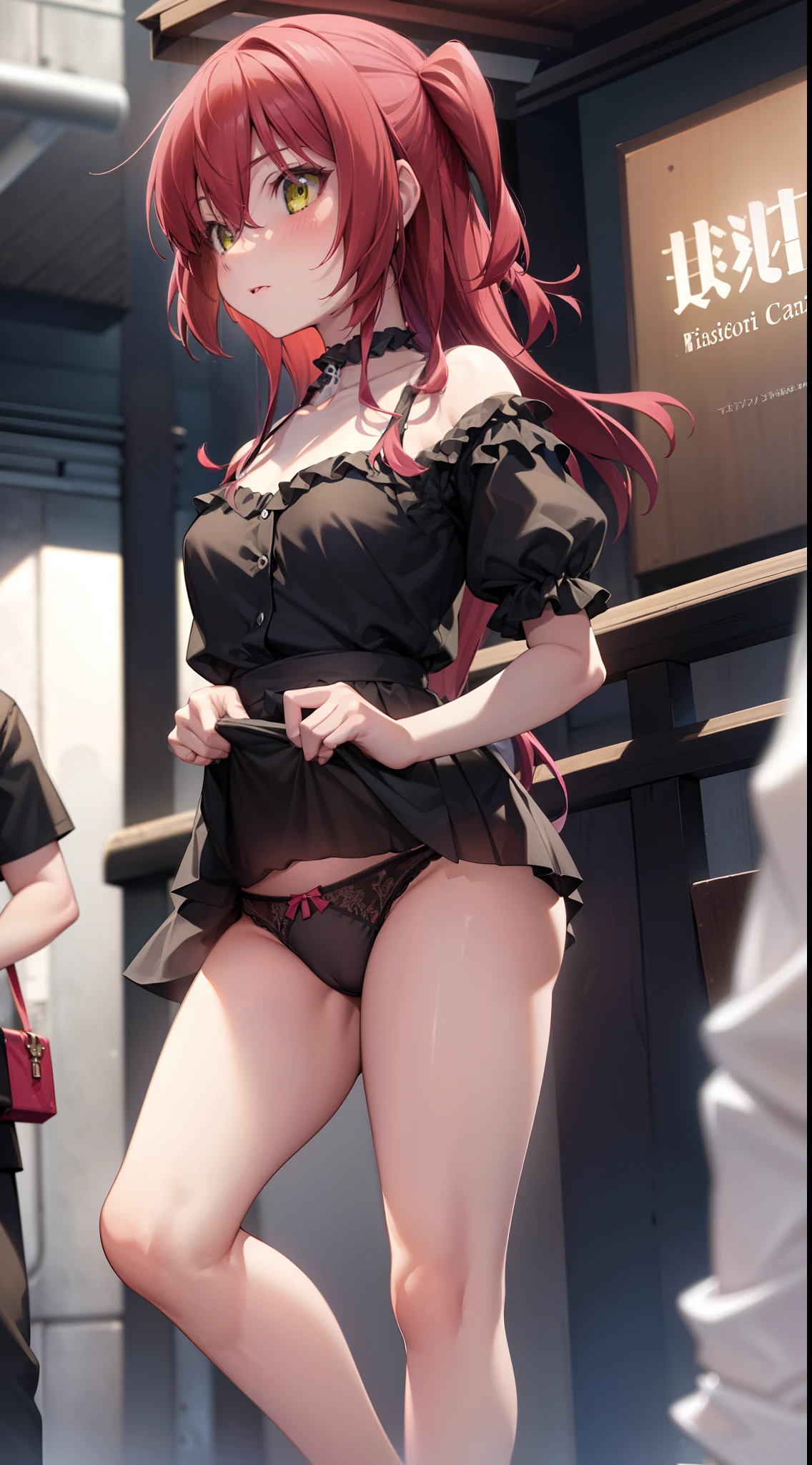 sharp focus, best quality, depth of field, cinematic light, detailed outfit, 8k, perfect eyes, rich in details and textures, detailed body, detailed eyes, cute, , 14years old girl, kita ikuyo, groin, collarbone, blush, ((black lingerie)), transparent shirt