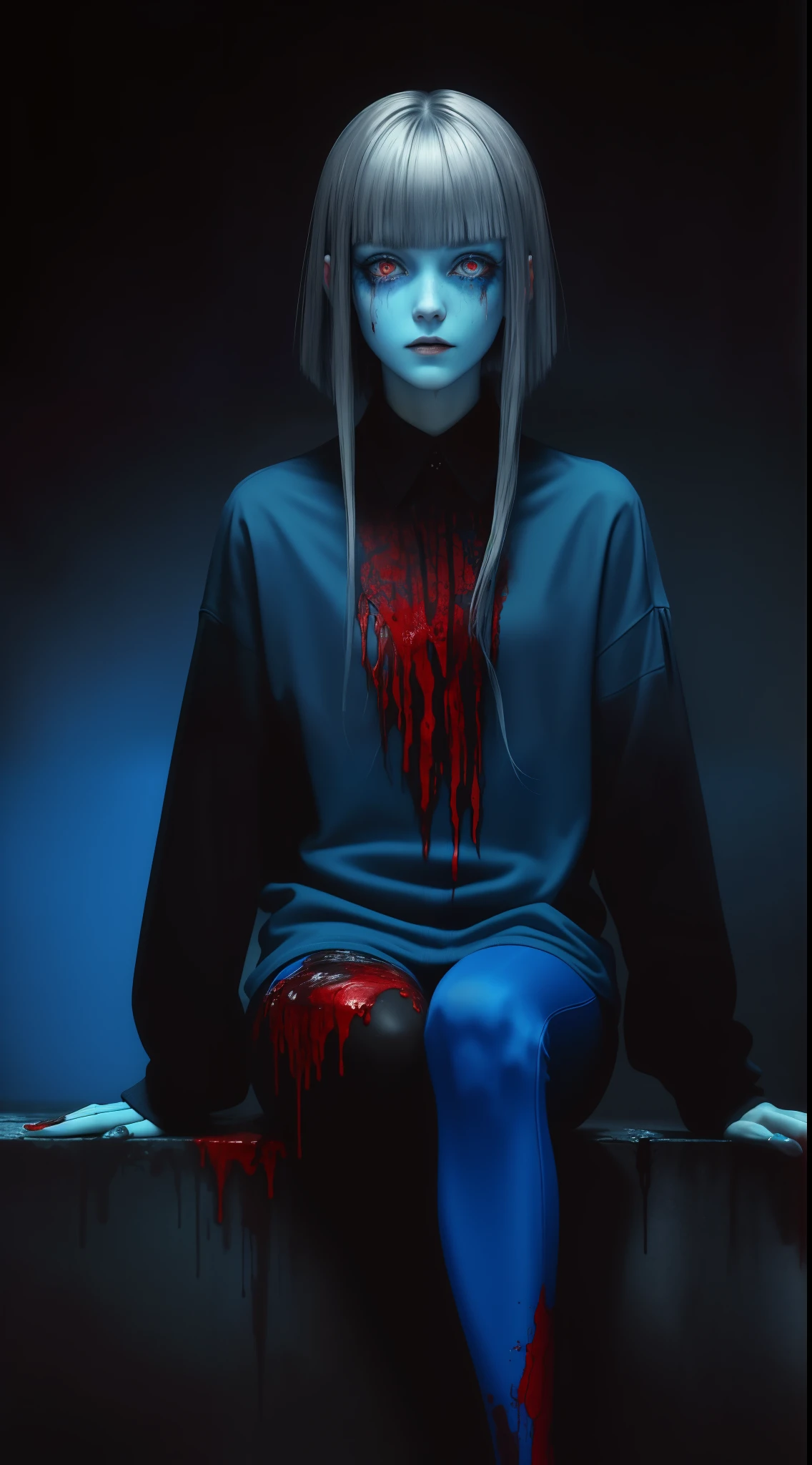 (masterpiece, best quality:1.2), cover image, splashed color background, highly detailed, colorful black, 1 girl, long silver hair, red eyes, short hair, blunt bangs, mannequin, cool face, ((( blue clothes))), illustration, horror art, dread, creepy, blood, blood eyes, gore, sitting,