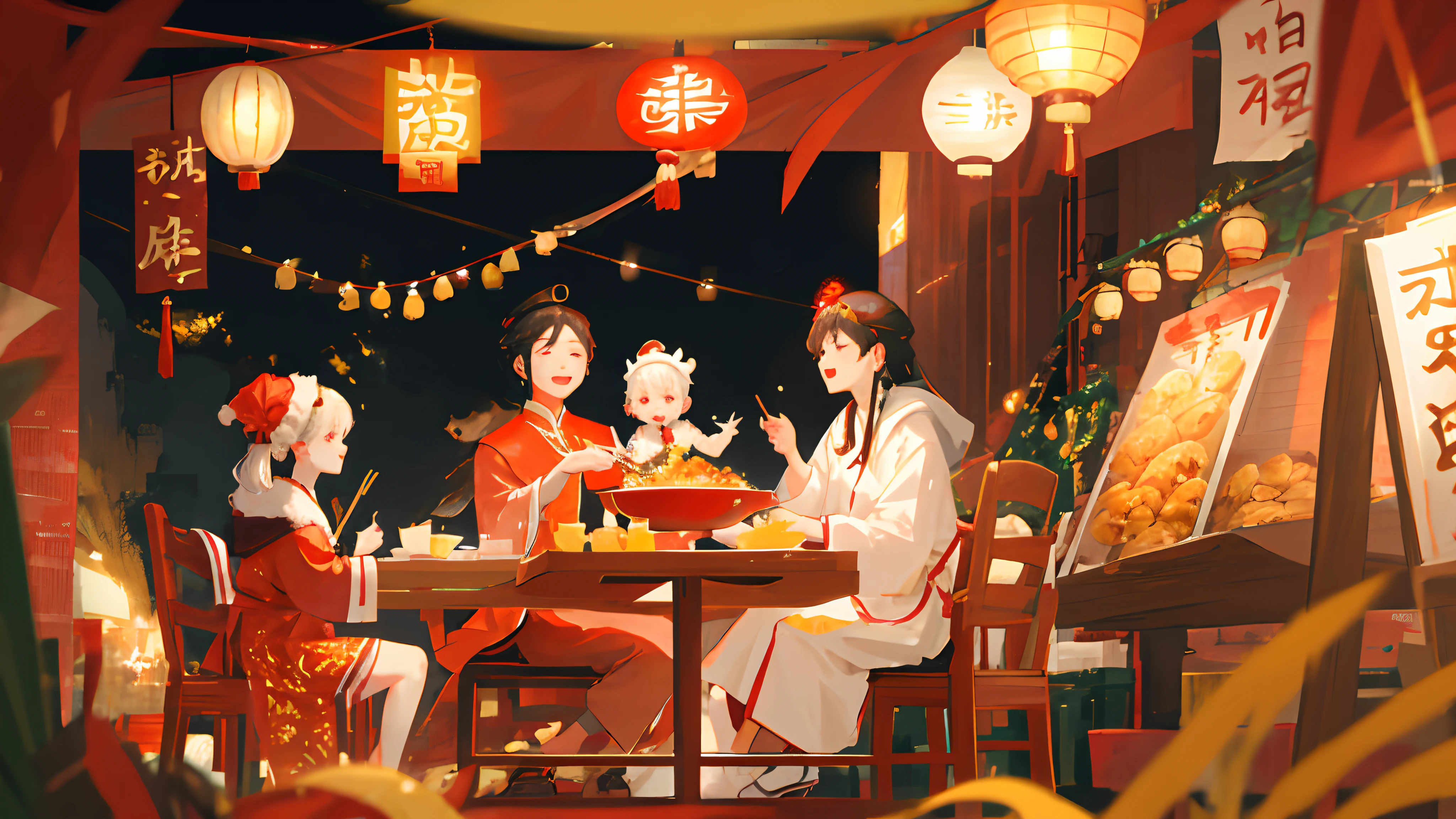 Chinese New Year's Eve rice is a very important traditional cultural practice for Chinese。The picture needs to highlight the Chinese elements,Such as red、Fu Zi、Year paintings and so on。In the scene of Chinese New Year's Eve meal,It can be depicted of an entire family member sitting around,Feel the festive atmosphere and family reunion。Details aspect,Dumplings can be depicted、The fish、Traditional foods such as rice cakes that are loved by Chinese。Dark tones can be used on hue,Such as yellow、Bright colors such as red。Through detailed representation and highly enhanced thematic elements,It presents a festive atmosphere、Special characteristics of festivals such as cheerfulness and peace。