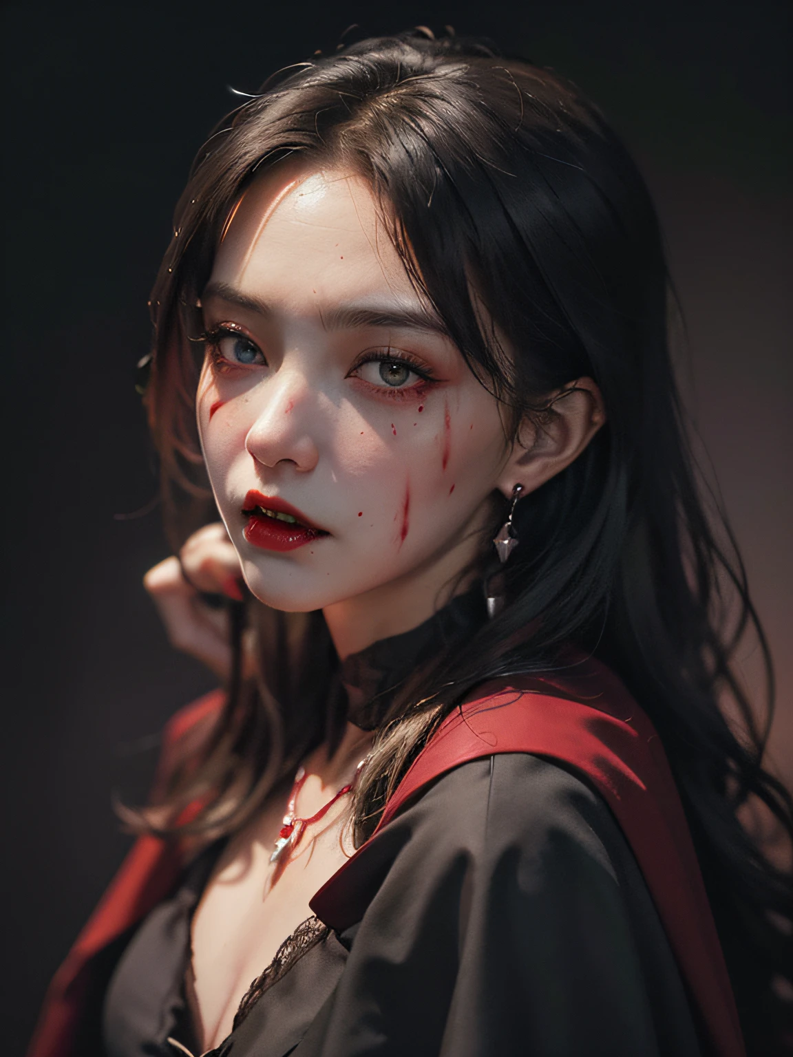 Best quality, masterpiece, ultra high res, (photorealistic:1.4), 1girl,(in the dark, deep shadow, low key:1.3),(sexy vampire:1.2) ,(fang, blood, bleeding from the mouth:1.2), black dress, (horror),(blood on face and body:1.1) ,red crystal earrings, red crystal necklace,cloak