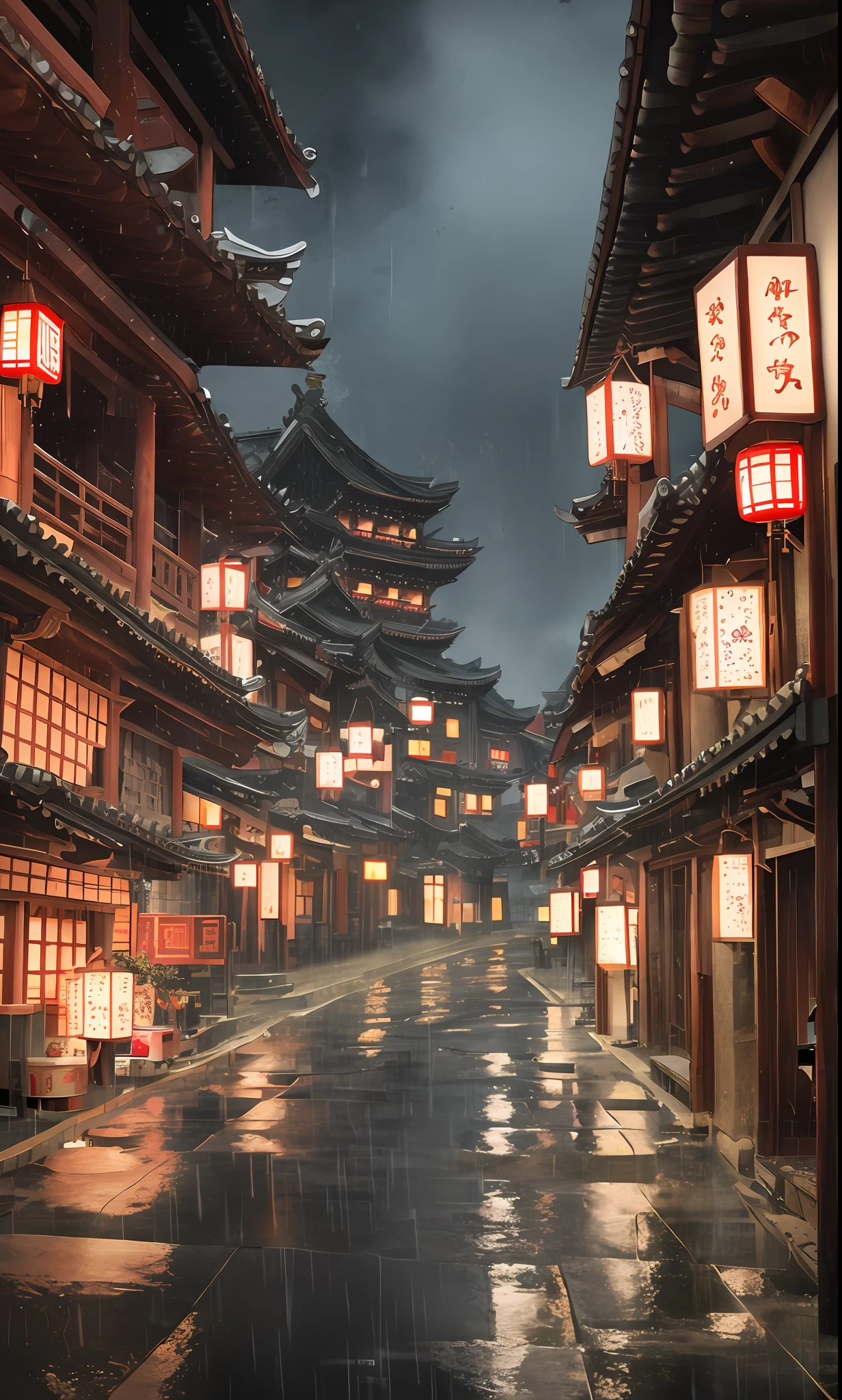 arafed view of a village with a lot of lights on the buildings, dreamy chinese town, chinese village, amazing wallpaper, japanese town, japanese village, hyper realistic photo of a town, old asian village, japanese city, by Raymond Han, rainy evening, cyberpunk chinese ancient castle, beautifully lit buildings, at evening during rain, beautiful and aesthetic, photography, cinematic, 8k, high detailed ((Heavy rain)))