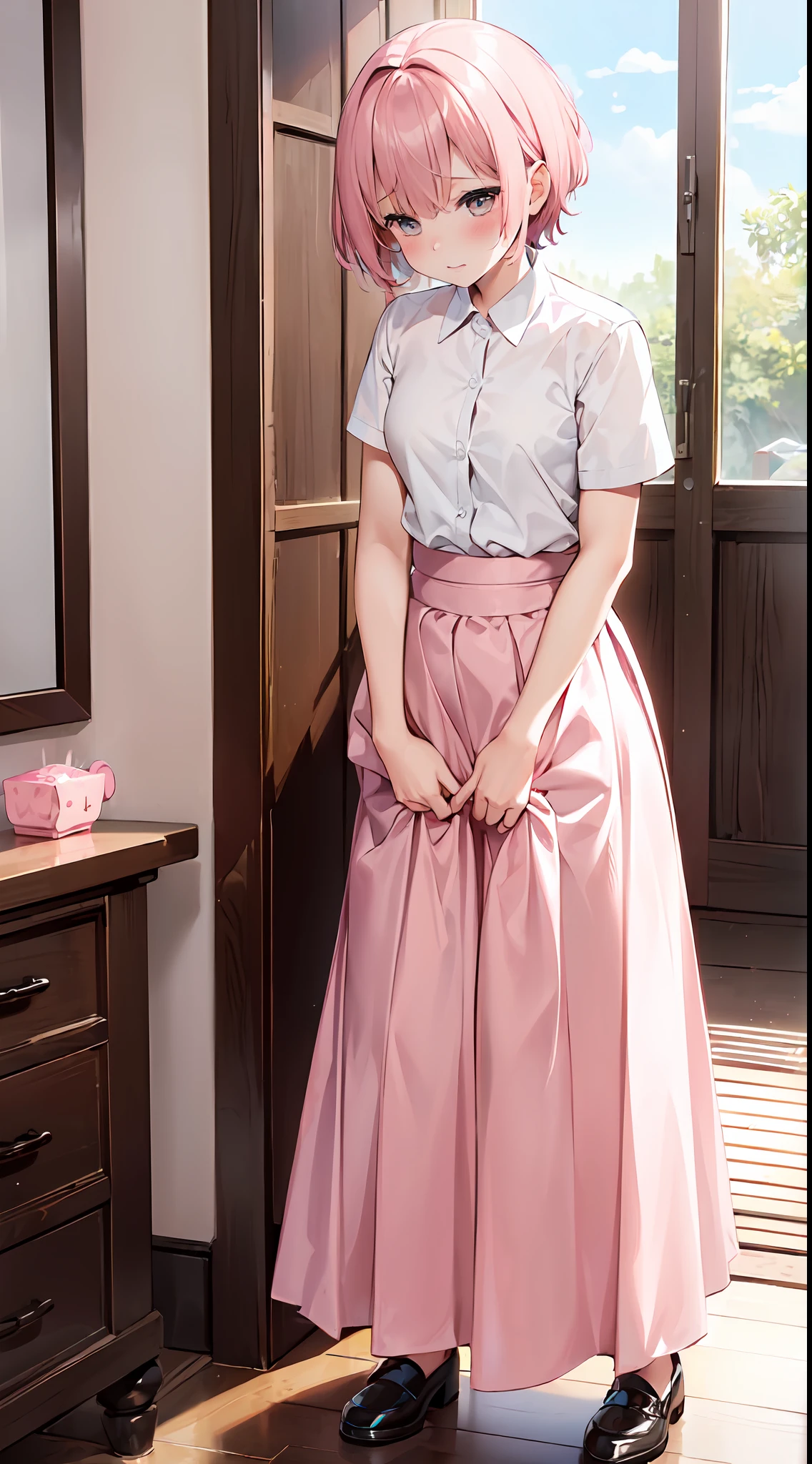 (((A cute girl))),(((pink short hair))),(((long skirt))),(((masturbation))),Stand on the floor,Blushing and shy