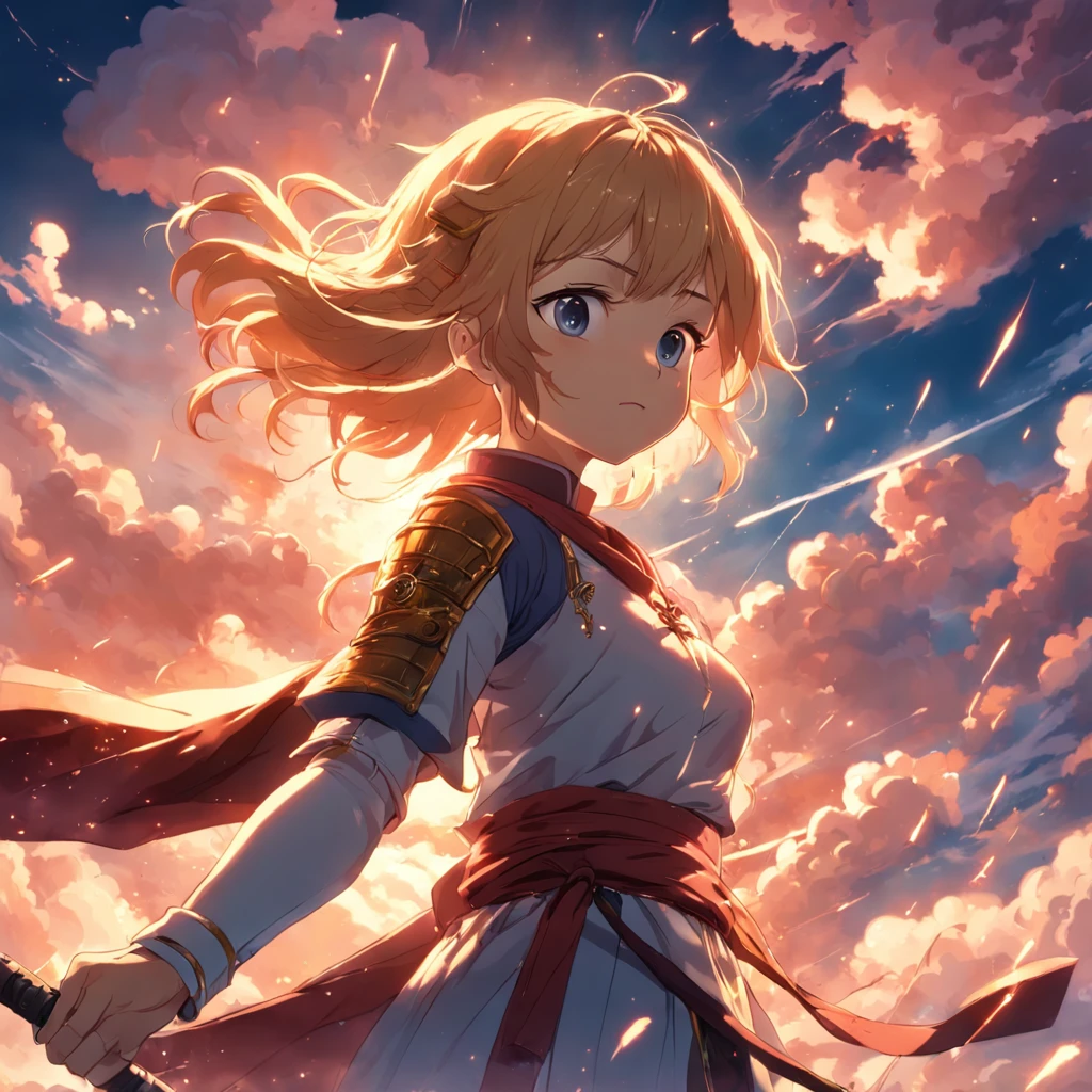 masterpiece, best quality, movie still, 1 swordswoman, bright clouds, floating in the sky, close-up, bright, happy, warm soft lighting, sunset, (sparks:0.7)