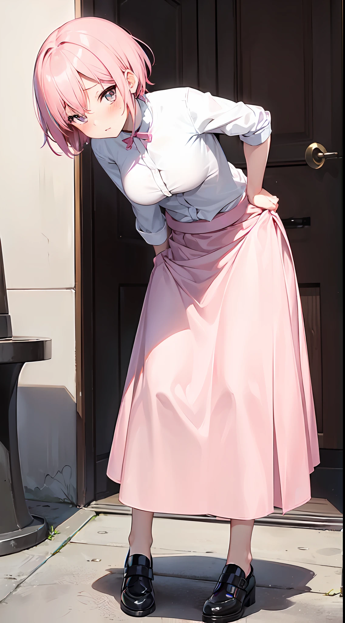 (((A cute girl))),(((pink short hair))),(((long skirt))),(((masturbation))),Stand on the floor,Blushing and shy