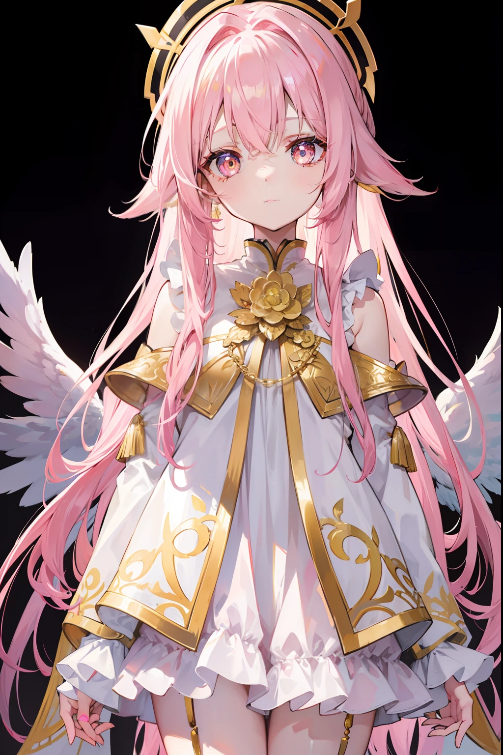 Long pink and white hair,Pink-white wings,Dark yellow pupils,Decorated with resplendent gold,Soft clothes that match white with yellow,She is a cute and sweet beautiful girl