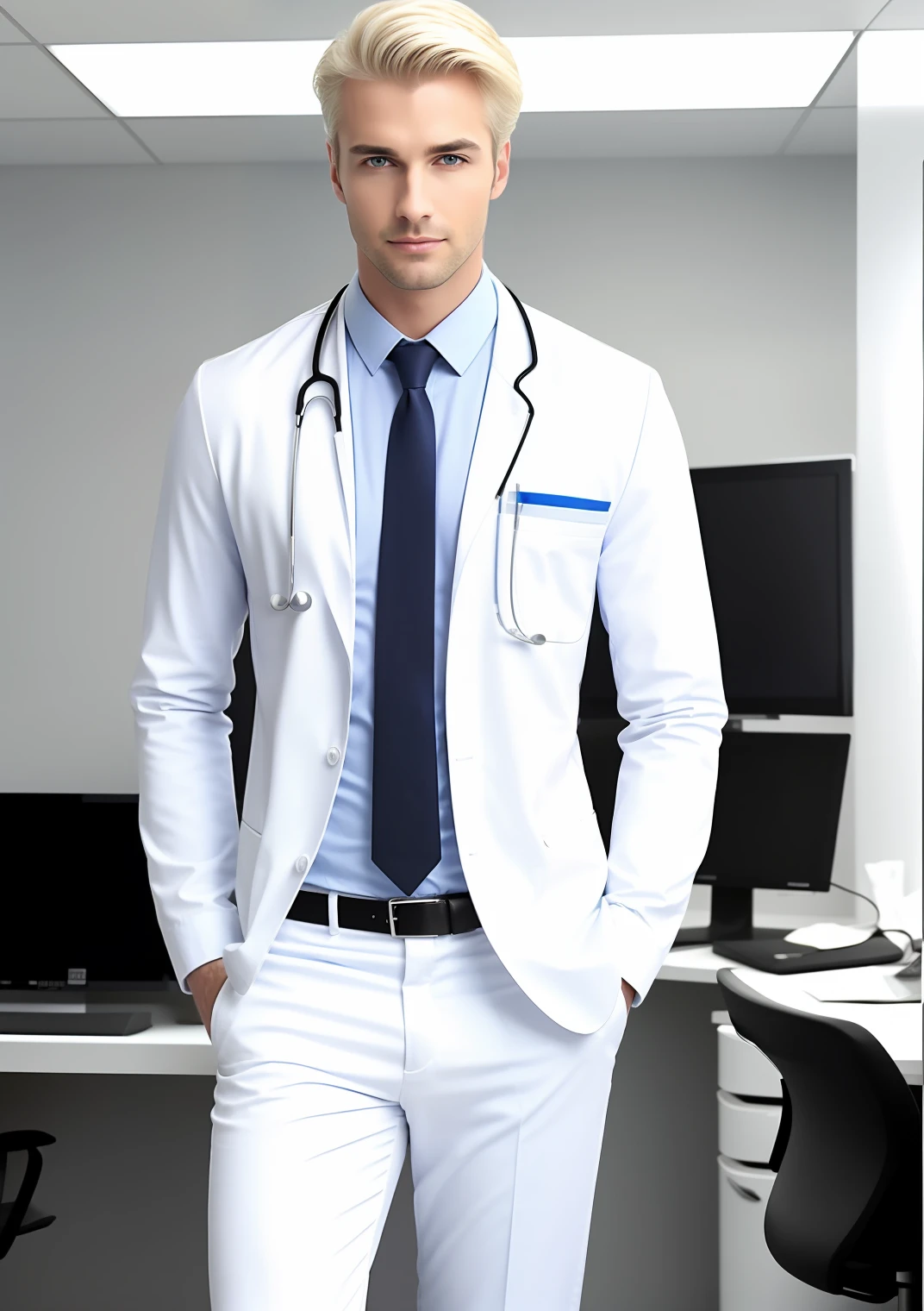 Male doctor in white suit,blond hairbl,Wear only blue panties at work