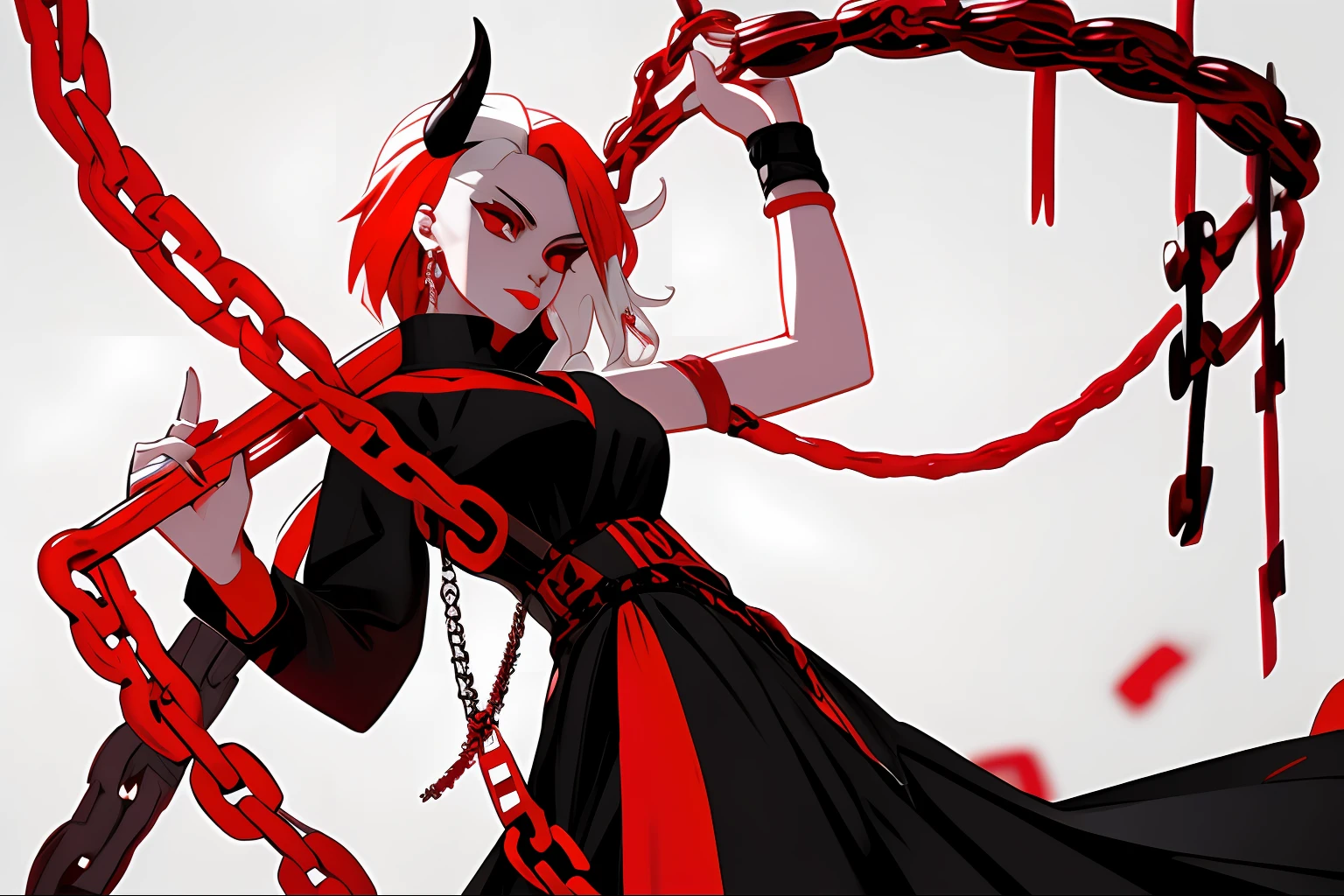 A female demon with a rope and chain in her hand, white backgrounid,Red all over,Black-white-red design, August limbs, offcial art, concept-art, plan,Dimensions,Character setting drawings,Fine style