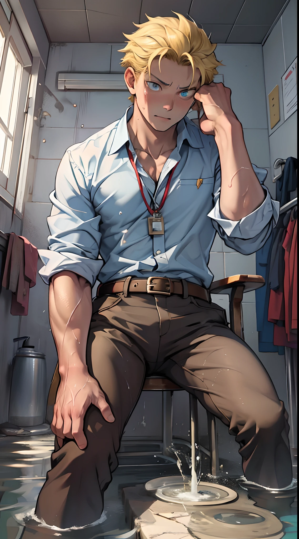 (1 Adult male),A high resolution, Sharp focus, Pixiv masterpiece, ((Complicated details)), highly detailed, natsuki_subaru, 1 man,perfect male figure,Urine on the trouser leg, Nervously bow your head,is shy,embarressed,exhilarated,is shocked,panicking,worry,A pool of urine formed around him,Very eager to pee,Unbearable,Wet yourself,Urine discharge,full bodyesbian,sit astride,Tired,decadent, blue color eyes(eyes glowing), Short yellow hair,Yellow long-sleeved shirt,Wear a tie,Wear a belt,trousers,perspire,Drenched,Get wet,pissing,urine flows down the pants,look from down