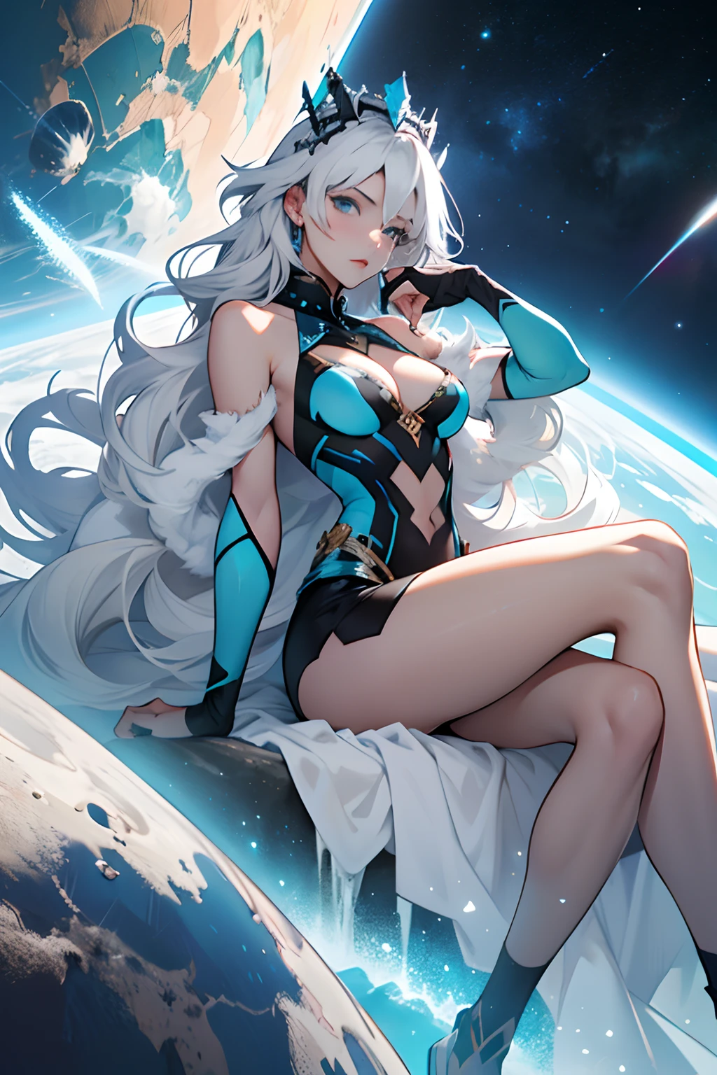 Girl from neptune full body image, girl on thrown made of ice, Anime girl in a nice sexy gown made of frost, cleavage, bare shoulders, blue ice crown, princess of pluto, elegant, regal, small tits, thin frame, large hips, long white hair, means business, plain stare, grey skin, on a thrown, in space, neptune in background, contrast greenish/blue of planet with girls light grey skin, cold blue eyes