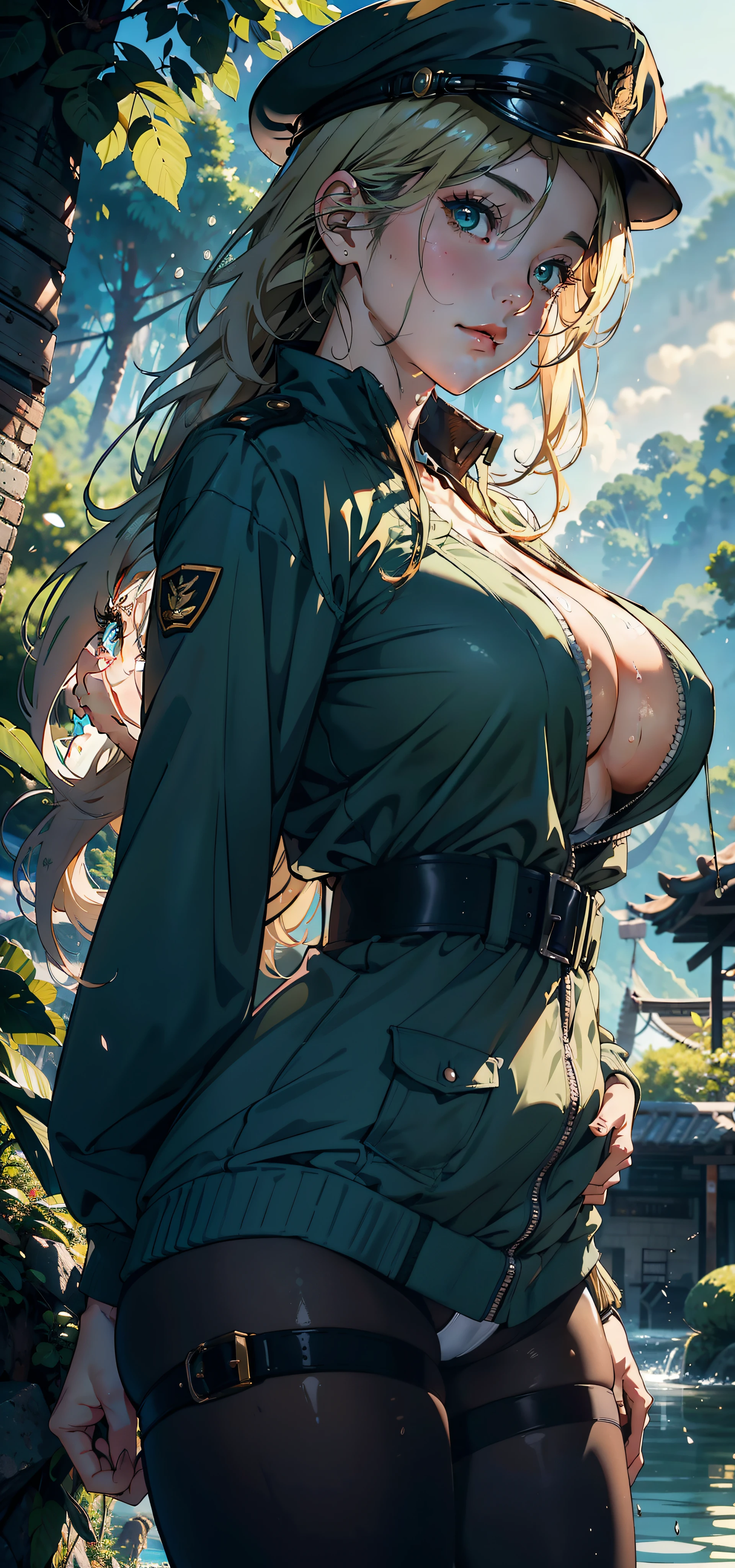 1female,35yo,huge-breasted,long leges,Pornographic exposure, 独奏,(Background with:hilltop,the rainforest,in summer,Standing water on the ground,exteriors) Feel free to hairstyle,Stride,Sweat profusely,drenched all over the body,seen from the front,Long blonde hair , mostly cloudy sky,(((tmasterpiece),(Very detailed CG unity 8K wallpaper),best qualtiy,cinmatic lighting,detailed back ground,beatiful detailed eyes,Bright pupils,(Very fine and beautiful),(Beautiful and detailed eye description),ultra - detailed,tmasterpiece,)),face to the viewer,frontage,A high resolution,ultra - detailed)nakeness,Wipe off panties,revealing breasts,Bare genitalia, Bulge,Camel toes,Raised sexy,Lewd expression,Flushed complexion,Open-mouthed,frontage,military officer,military hat,(Wearing:green colored bomber jacket,Black pantyhose)