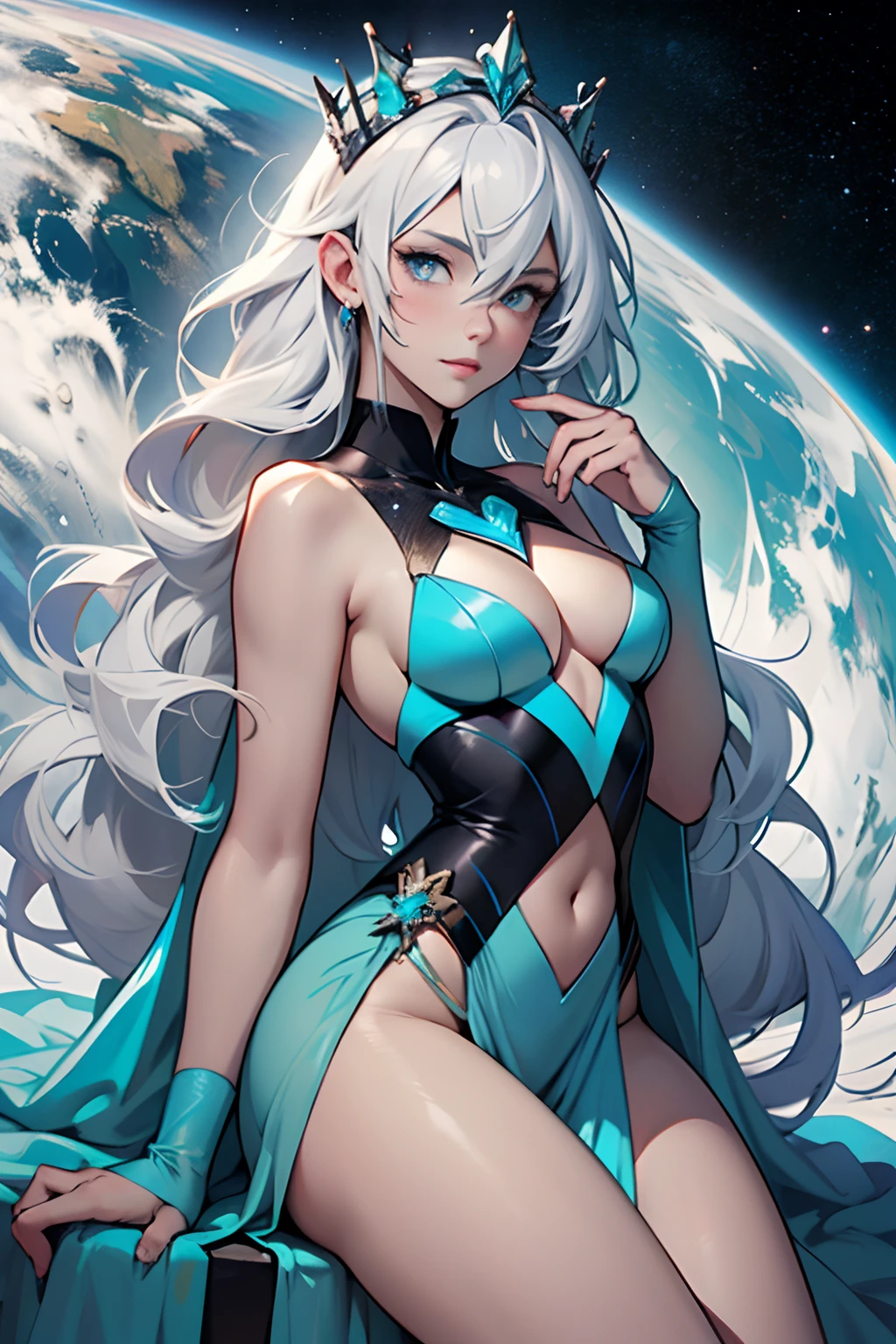 Girl from neptune full body image, girl on thrown made of ice, Anime girl in a nice sexy gown made of frost, cleavage, bare shoulders, blue ice crown, princess of pluto, elegant, regal, small tits, thin frame, large hips, long white hair, means business, plain stare, grey skin, on a thrown, in space, neptune in background, contrast greenish/blue of planet with girls light grey skin, cold blue eyes