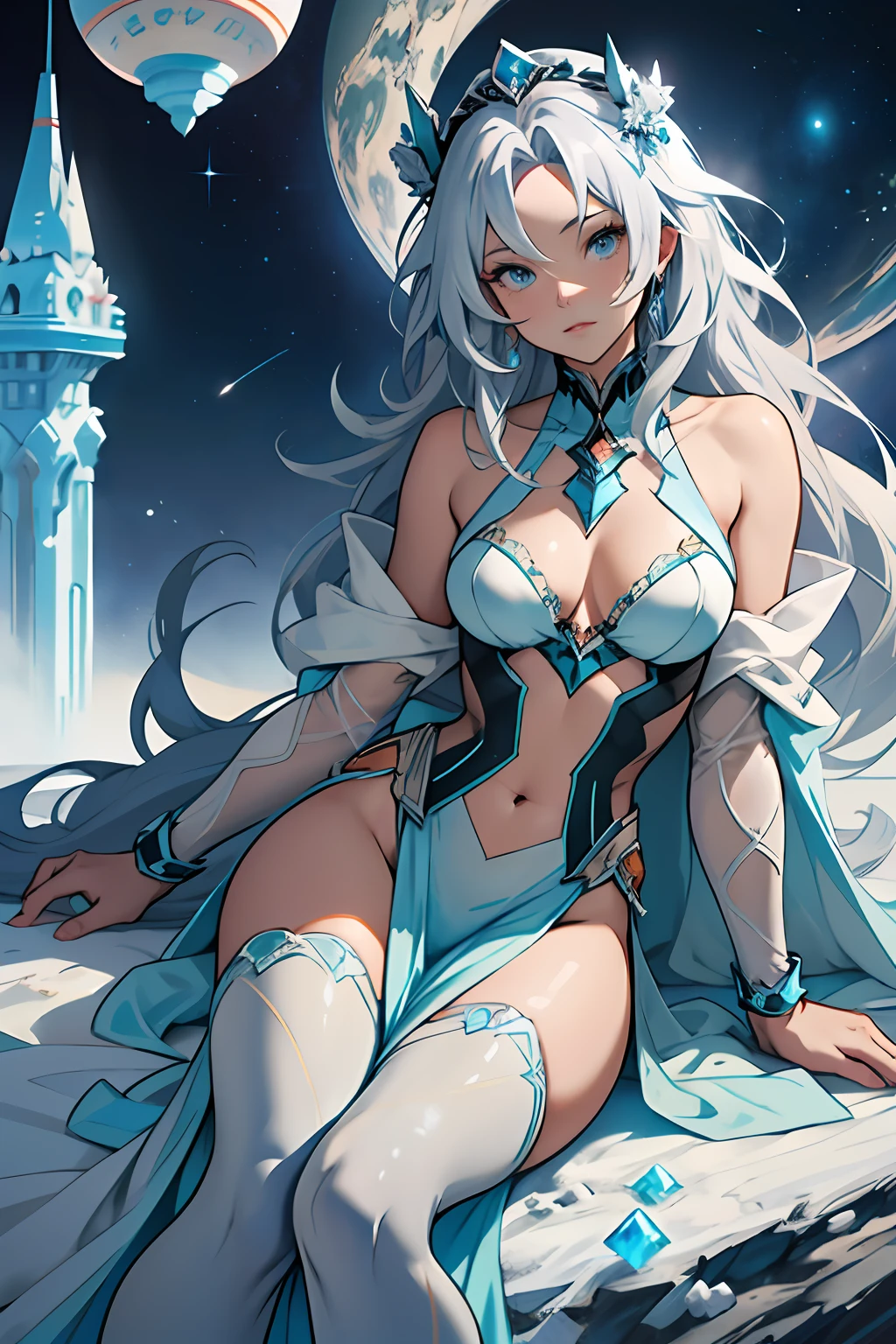 Girl from neptune full body image, girl on thrown made of ice, Anime girl in a nice sexy gown made of frost, cleavage, bare shoulders, blue ice crown, princess of pluto, elegant, regal, small tits, thin frame, large hips, long white hair, means business, plain stare, grey skin, on a thrown, in space, neptune in background, contrast greenish/blue of planet with girls light grey skin, cold blue eyes
