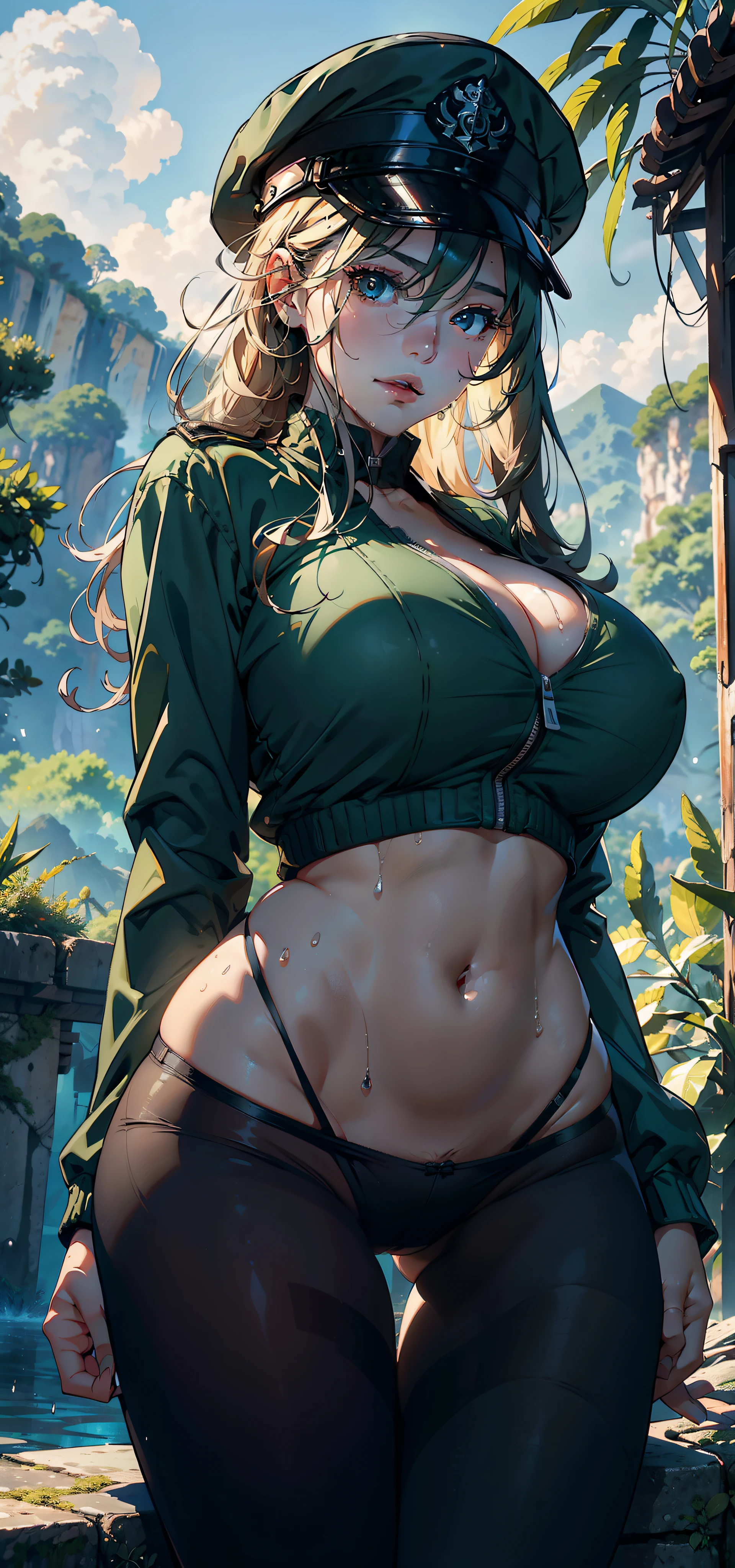 1female,35yo,huge-breasted,long leges,Pornographic exposure, 独奏,(Background with:hilltop,the rainforest,in summer,Standing water on the ground,exteriors) Feel free to hairstyle,Stride,Sweat profusely,drenched all over the body,seen from the front,Long blonde hair , mostly cloudy sky,(((tmasterpiece),(Very detailed CG unity 8K wallpaper),best qualtiy,cinmatic lighting,detailed back ground,beatiful detailed eyes,Bright pupils,(Very fine and beautiful),(Beautiful and detailed eye description),ultra - detailed,tmasterpiece,)),face to the viewer,frontage,A high resolution,ultra - detailed)nakeness,Wipe off panties,revealing breasts,Bare genitalia, Bulge,Camel toes,Raised sexy,Lewd expression,Flushed complexion,Open-mouthed,frontage,military officer,military hat,(Wearing:green colored bomber jacket,Black pantyhose)