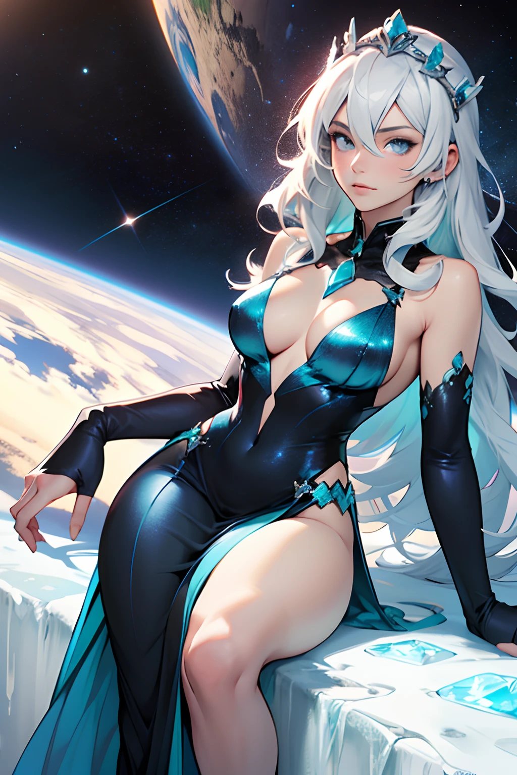 Girl from neptune full body image, girl on thrown made of ice, Anime girl in a nice sexy gown made of frost, cleavage, bare shoulders, blue ice crown, princess of pluto, elegant, regal, small tits, thin frame, large hips, long white hair, means business, plain stare, grey skin, on a thrown, in space, neptune in background, contrast greenish/blue of planet with girls light grey skin, cold blue eyes