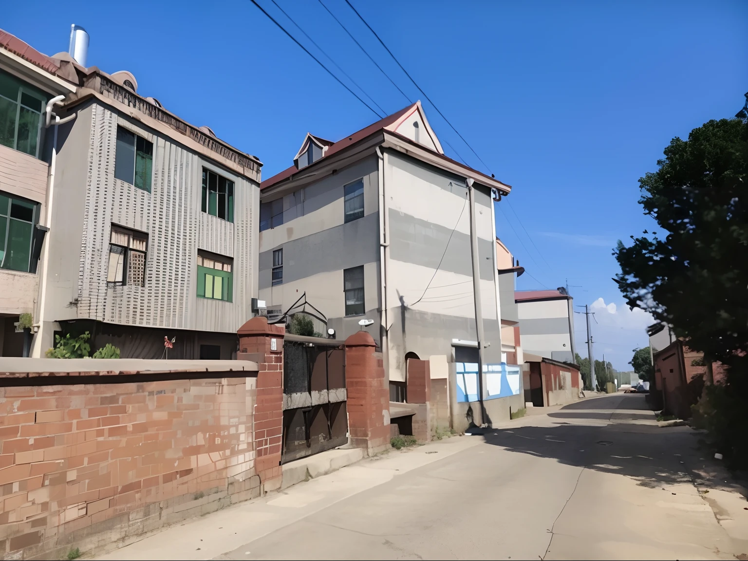 There is a brick-walled asphalt street and a building with a red roof, allure, full building, external view, building facing, factory, introduction factory photo, Front view, Street view, up front view, residential area, Office building, prison complex, central image, 4 0 9 6, Beautiful image, full - view, Detailed picture