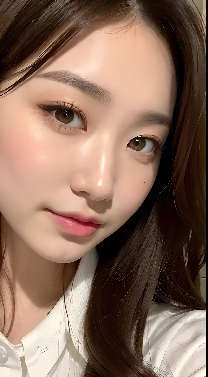 ((top-quality、8k、masterpiece:1.3))、Crisp focus:1.2、Beautiful Women in Perfect Style:1.4、Facing to the side:1.2、((Dark brown hair、huge tit:1.2))、(White button-up long shirt:1.1)、Marble background:1.2、stright long hair、Highly detailed facial and skin texture、A detailed eye、二重まぶた
