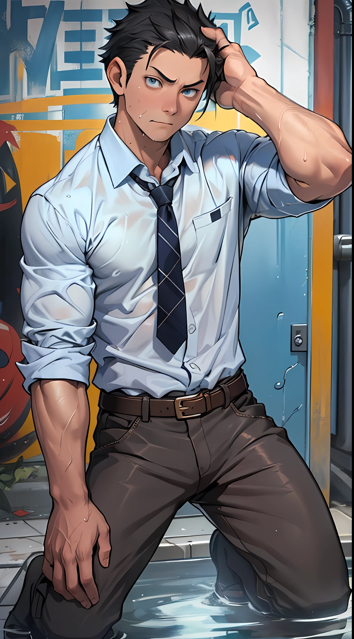 (1 Adult male),A high resolution, Sharp focus, Pixiv masterpiece, ((Complicated details)), highly detailed, natsuki_subaru, 1 man,perfect male figure,Urine on the trouser leg, Nervously bow your head,is shy,embarressed,exhilarated,is shocked,panicking,worry,A pool of urine formed around him,Very eager to pee,Unbearable,Wet yourself,Urine discharge,full bodyesbian,Kneel,Tired,decadent, blue color eyes(eyes glowing), Black hair short hair,Blue plaid shirt,Wear a tie,Wear a belt,trousers,perspire,Drenched,Get wet,pissing,urine flows down the pants,look from down