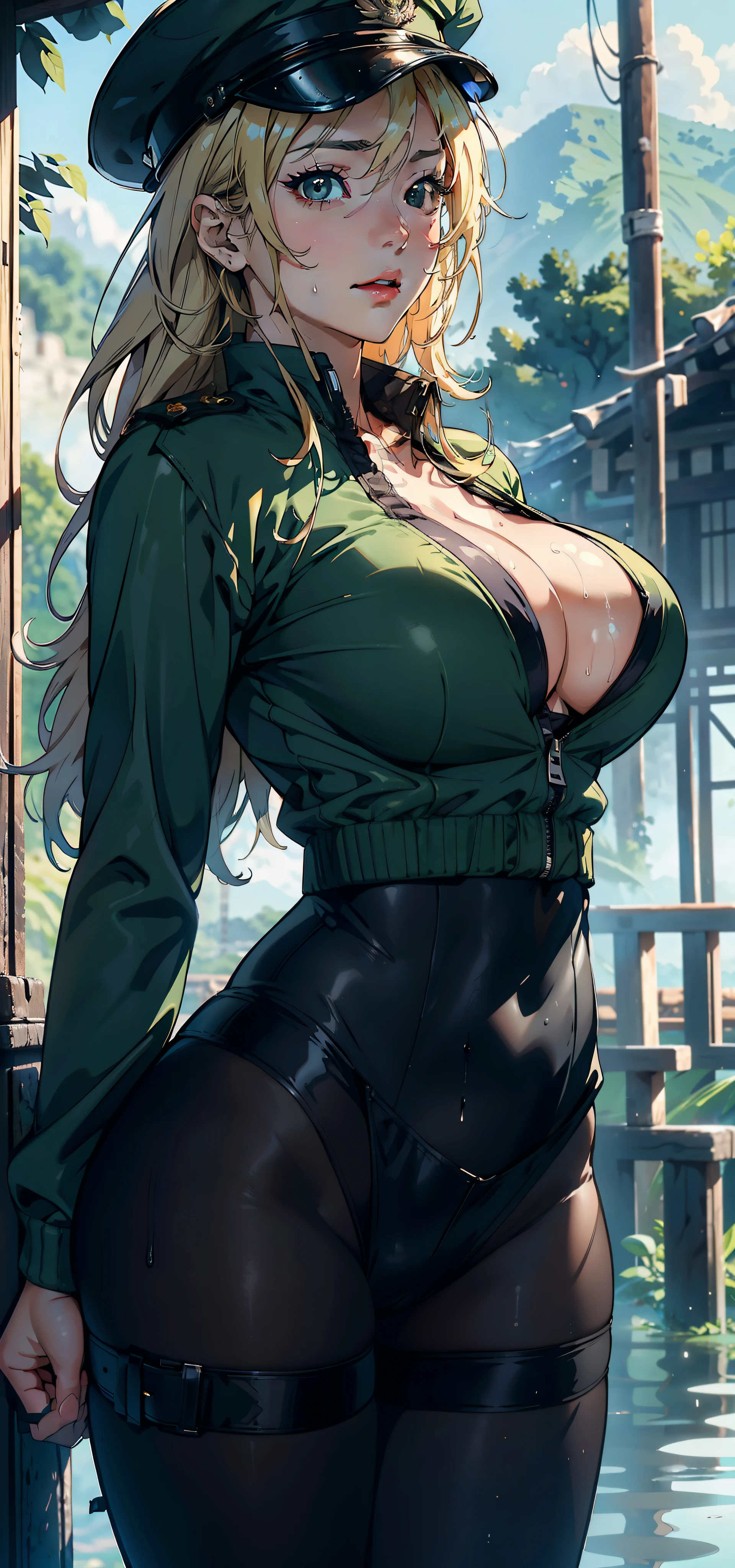 1female,35yo,huge-breasted,long leges,Pornographic exposure, 独奏,(Background with:hilltop,the rainforest,in summer,Standing water on the ground,exteriors) Feel free to hairstyle,Stride,Sweat profusely,drenched all over the body,seen from the front,Long blonde hair , mostly cloudy sky,(((tmasterpiece),(Very detailed CG unity 8K wallpaper),best qualtiy,cinmatic lighting,detailed back ground,beatiful detailed eyes,Bright pupils,(Very fine and beautiful),(Beautiful and detailed eye description),ultra - detailed,tmasterpiece,)),face to the viewer,frontage,A high resolution,ultra - detailed)nakeness,Wipe off panties,revealing breasts,Bare genitalia, Bulge,Camel toes,Raised sexy,Lewd expression,Flushed complexion,Open-mouthed,frontage,military officer,military hat,(Wearing:green colored bomber jacket,Black pantyhose)