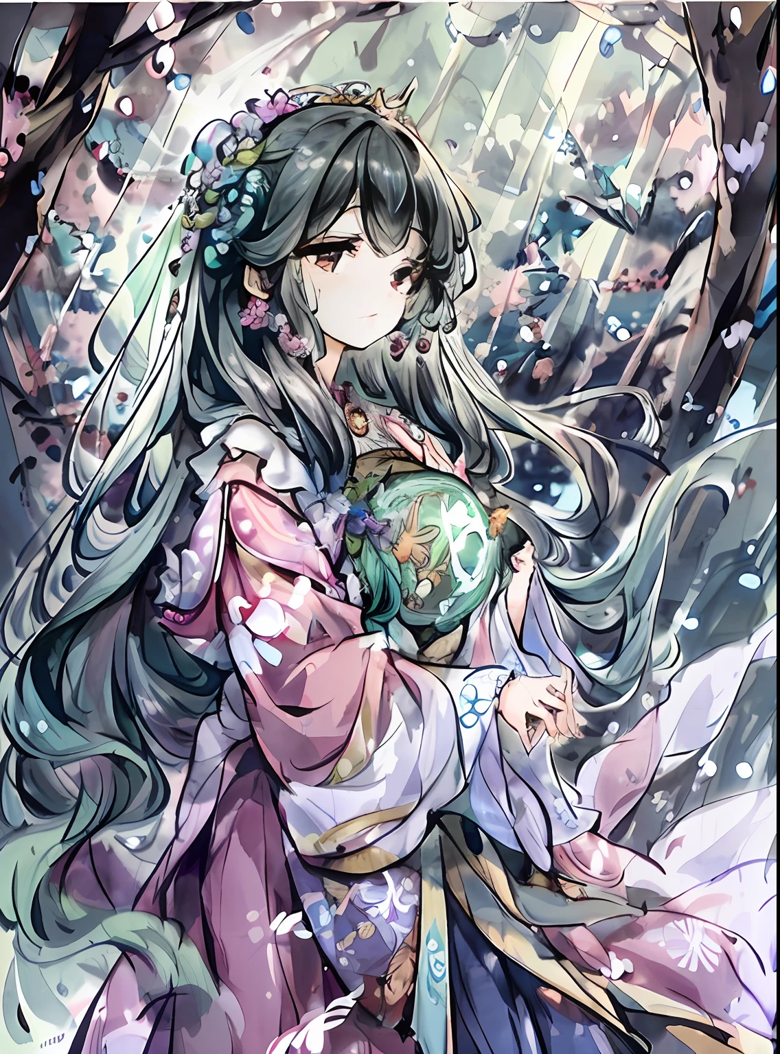 (Visual Prompt)) A woman in a magical and enchanting environment, surrounded by exotic flowers and lush trees.
She is dressed in a long, A flowing dress,vibrant with colors,The pattern is complex.
Seus cabelos ondulados caem suavemente sobre seus ombros, adornado com flores delicadas.
The soft light of the sun passes through the leaves of the trees, criando um jogo de sombras e luzes em seu rosto sereno. She held a glowing sphere in her hand,staring at the distant horizon。, where a majestic castle looms against the sunset sky.