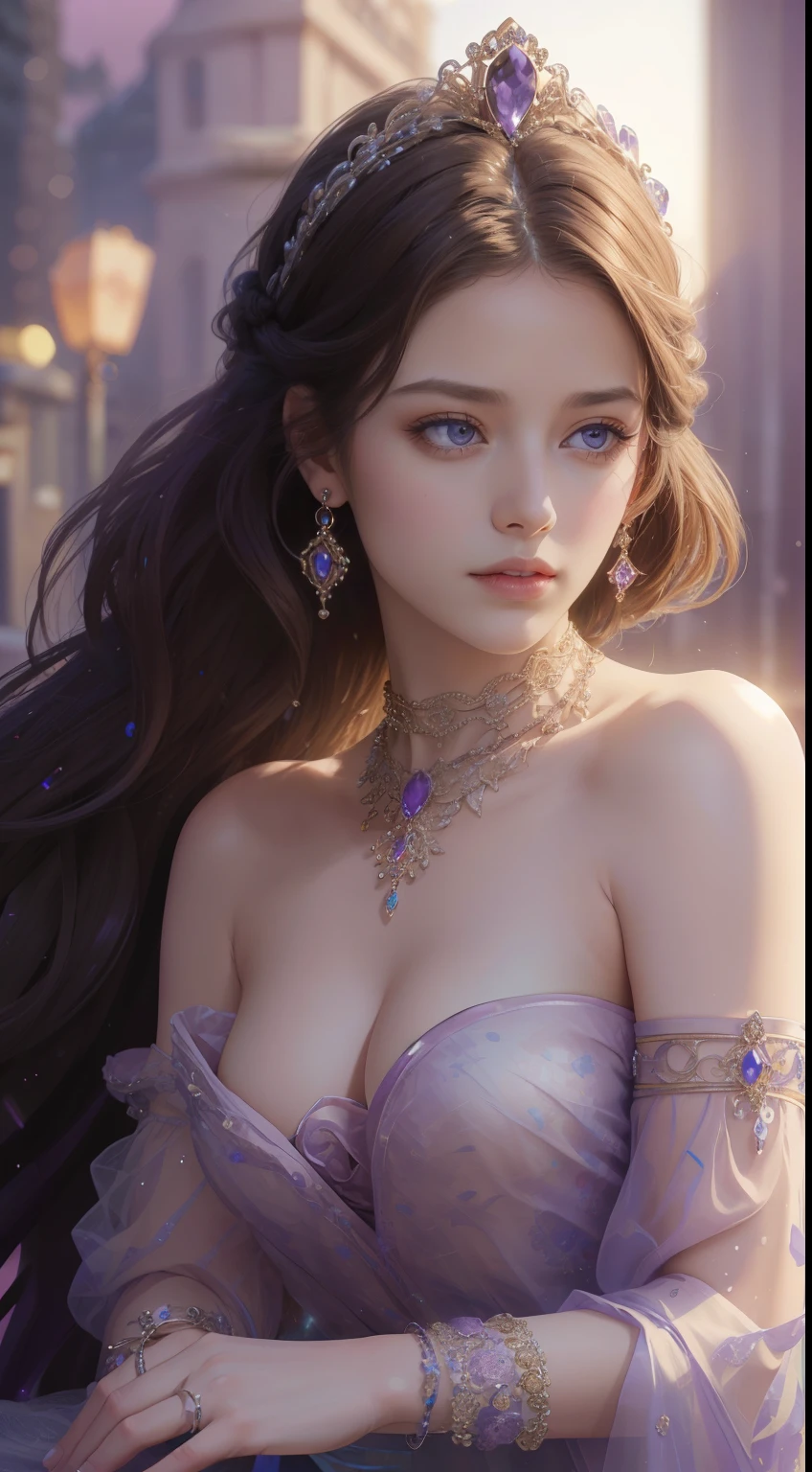 tmasterpiece,Highest image quality,A beautiful bust of a noble maiden,Delicate brown braided hair,Violet eyes are clear,Embellished with a dazzling array of exquisite and intricate jewelry(head gear,choker necklace,耳Nipple Ring,Bracelet or bracelet),Soft light,super detailing,upscaled。