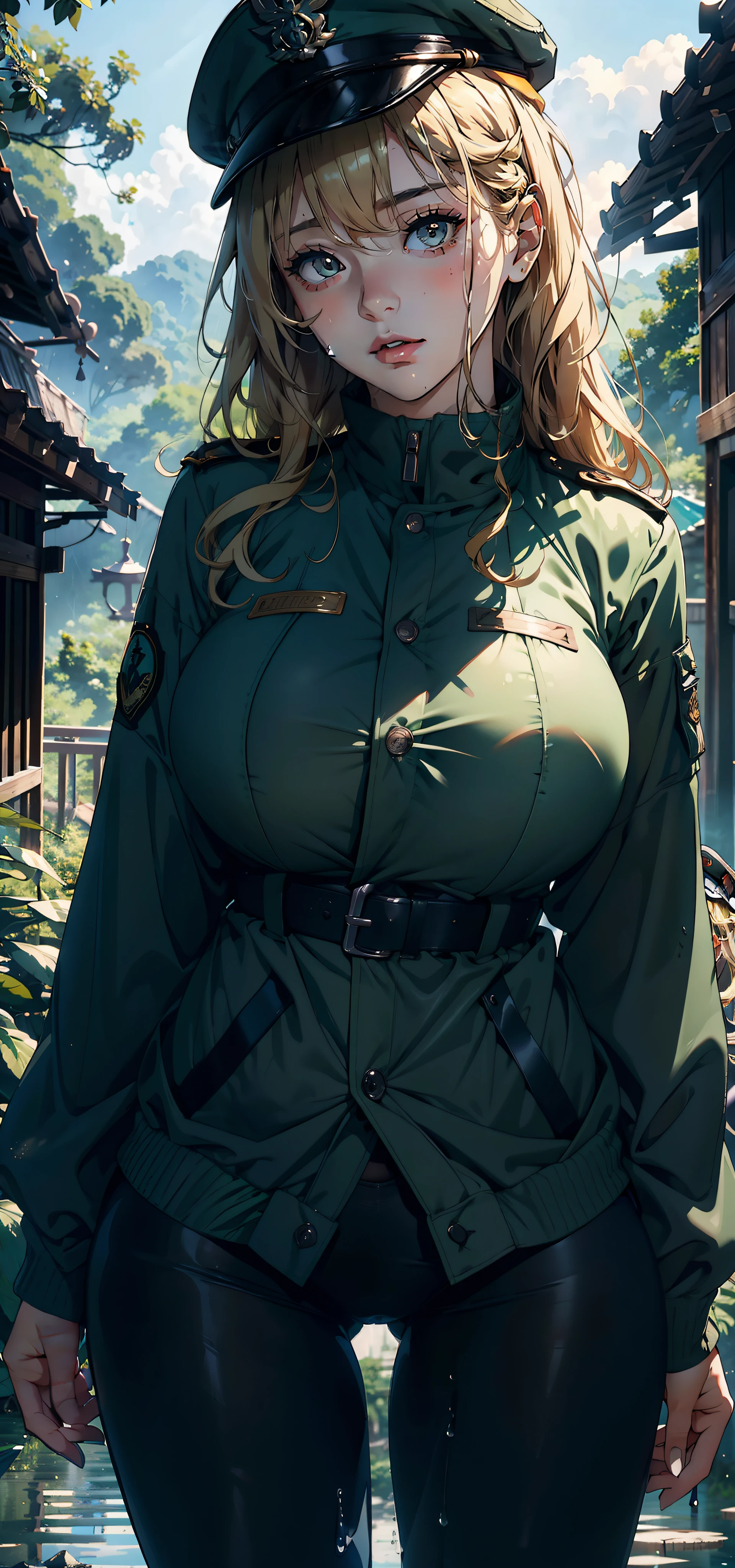 1female,35yo,huge-breasted,long leges,Pornographic exposure, 独奏,(Background with:hilltop,the rainforest,in summer,Standing water on the ground,exteriors) Feel free to hairstyle,Stride,Sweat profusely,drenched all over the body,seen from the front,Long blonde hair , mostly cloudy sky,(((tmasterpiece),(Very detailed CG unity 8K wallpaper),best qualtiy,cinmatic lighting,detailed back ground,beatiful detailed eyes,Bright pupils,(Very fine and beautiful),(Beautiful and detailed eye description),ultra - detailed,tmasterpiece,)),face to the viewer,frontage,A high resolution,ultra - detailed)nakeness,Wipe off panties,revealing breasts,Bare genitalia, Bulge,Camel toes,Raised sexy,Lewd expression,Flushed complexion,Open-mouthed,frontage,military officer,military hat,(Wearing:green colored bomber jacket,Black pantyhose)