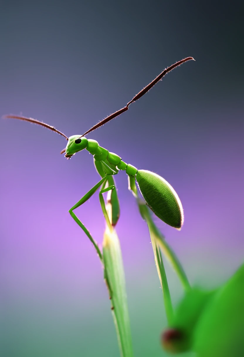 An ant stands on a green reed，Ultra-macro photography