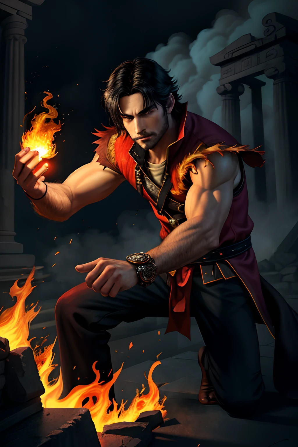 Illustration in the style of a person, holding a fireball in his hand against the backdrop of an ancient temple, Casting a fire spell, looking a viewer, black - haired mage, age 30 years, blurry foreground, The cover of the epic light novel, holy fire spell art, Fire spell, The fire behind him, evil male sorcerer (windswept dust, detritus: 1.1), volumetric fog, mist, ray traced, z, Transmission of bright light from below, (tmasterpiece) (beste-Qualit) (Detailed) (8K) (电影灯光) (Sharp focus) (an intricate)