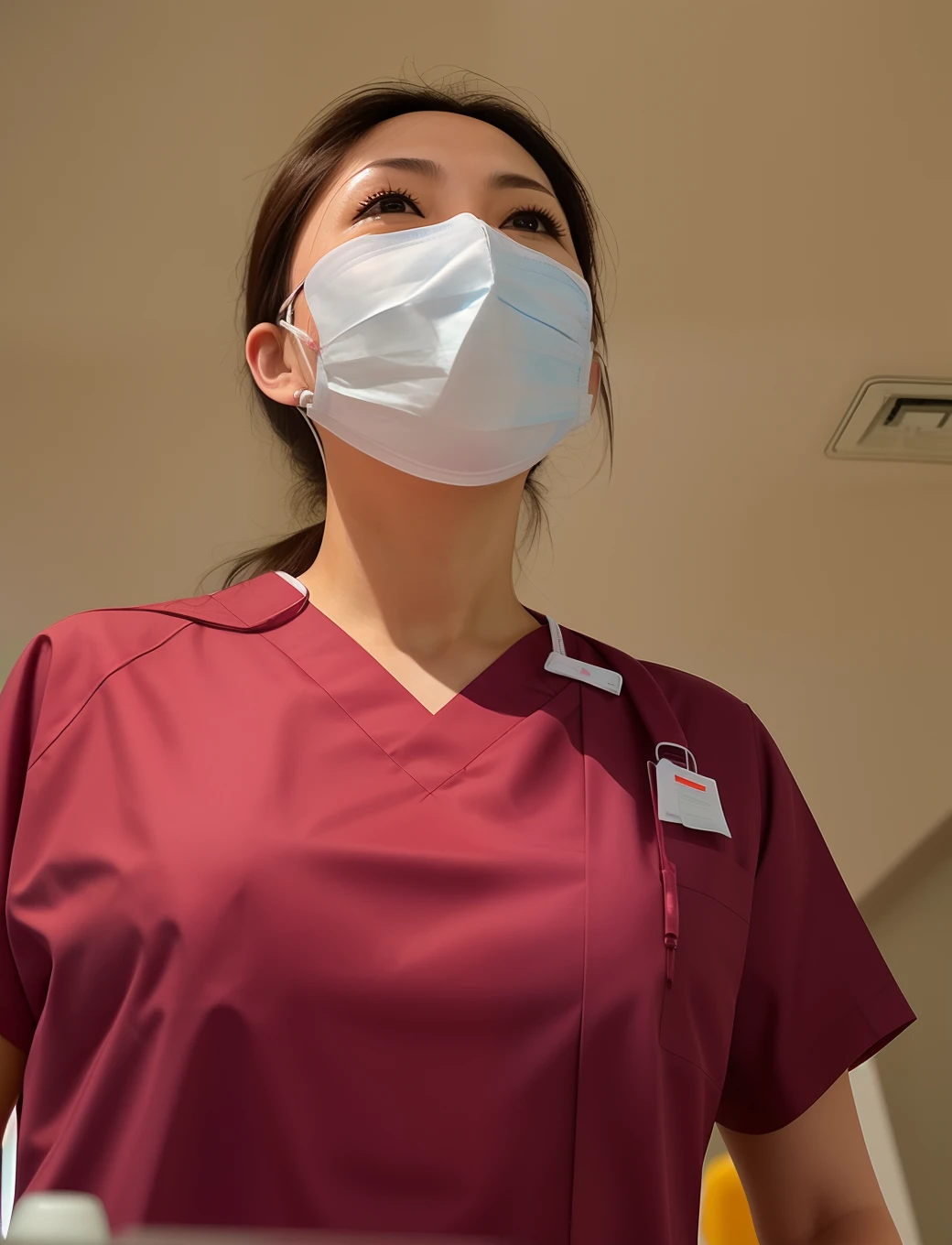 Alafed woman in mask and red shirt, surgical mask covering mouth, healthcare worker, Nurse, medical mask, wearing a facemask, nursing, surgical gown and scrubs on, nurse scrubs, Nurse Uniform, Wearing a mask, nurse girl, Wearing a mask, Nurse Costume, masked doctors, one single mask, doctor, wearing a white hospital gown, clean medical environment、I closed my eyes and wrinkled my eyebrows in sexual pleasure、The nipples of the are sticking out of the nursing uniform