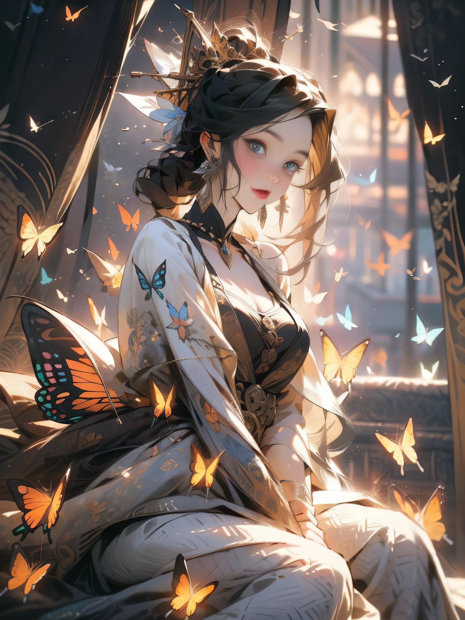 (masterpiece, top quality, best quality, official art, beautiful and aesthetic:1.2),extreme detailed,(fractal art:1.3),colorful,highest detailed,Dreamy Atmosphere,Bright color,
hudie,luminescence,butterfly,