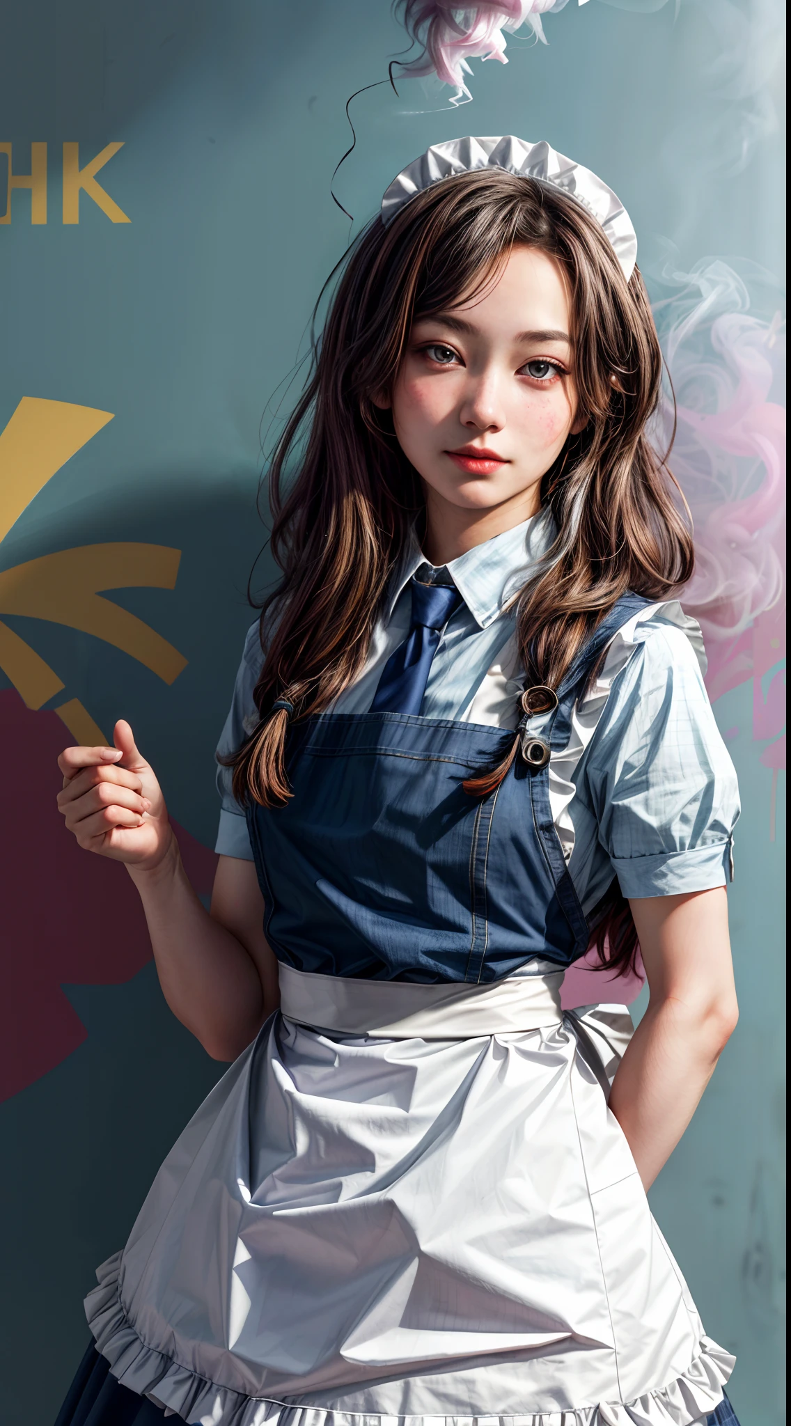 (1girl), solo, long_hair, wearing(maid, apron), photo(medium-shot), portrait, pov, blurry_background, Background(graffiti-wall, color-splash, color-smoke), (8k, photorealistic, absurdres, best_quality:1.55),