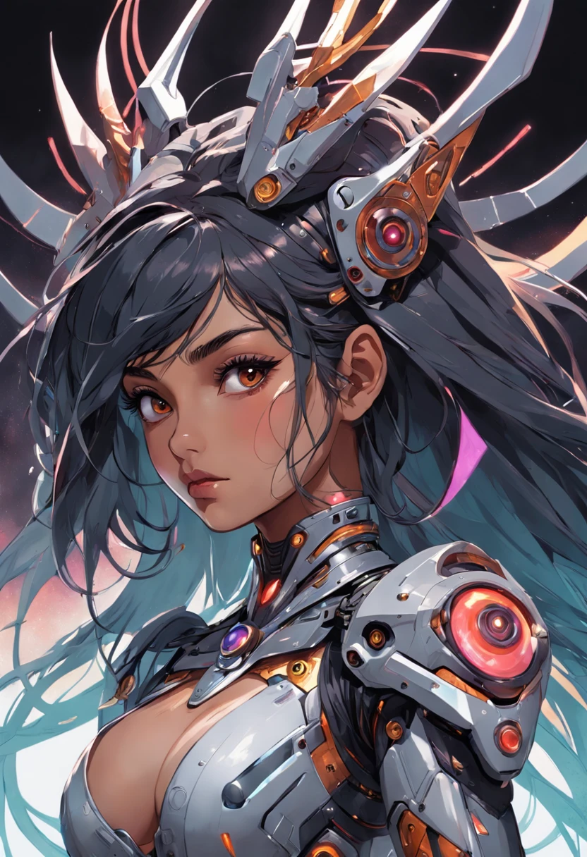 without Background,Futuristic Indigenous Futurism,Actress Priyanka Chopra is an advanced cybernetic cyborg, Indian Hindu goddess of war;, sensuality,Artistic details,Hindu Cyberpunk Mythology,Epic sci-fi fantasy, centered,in the style of fantastic futuristic fantasy compositions by Nick Alma, Dark prism, Dark, Metal compositions, Symmetrical arrangement, iridescent metallic colors , Characteristic noses, ethereal,Blood splatters colorful, Eye-catching metal compositions, symmetrical geometry, Characteristic noses, Gothic references, with bold lines and streaks of black color,White,Red, Gold & Silver, fantasy sci-fi art, a detailed painting, ,Alex Alemany merges with Karol Buck