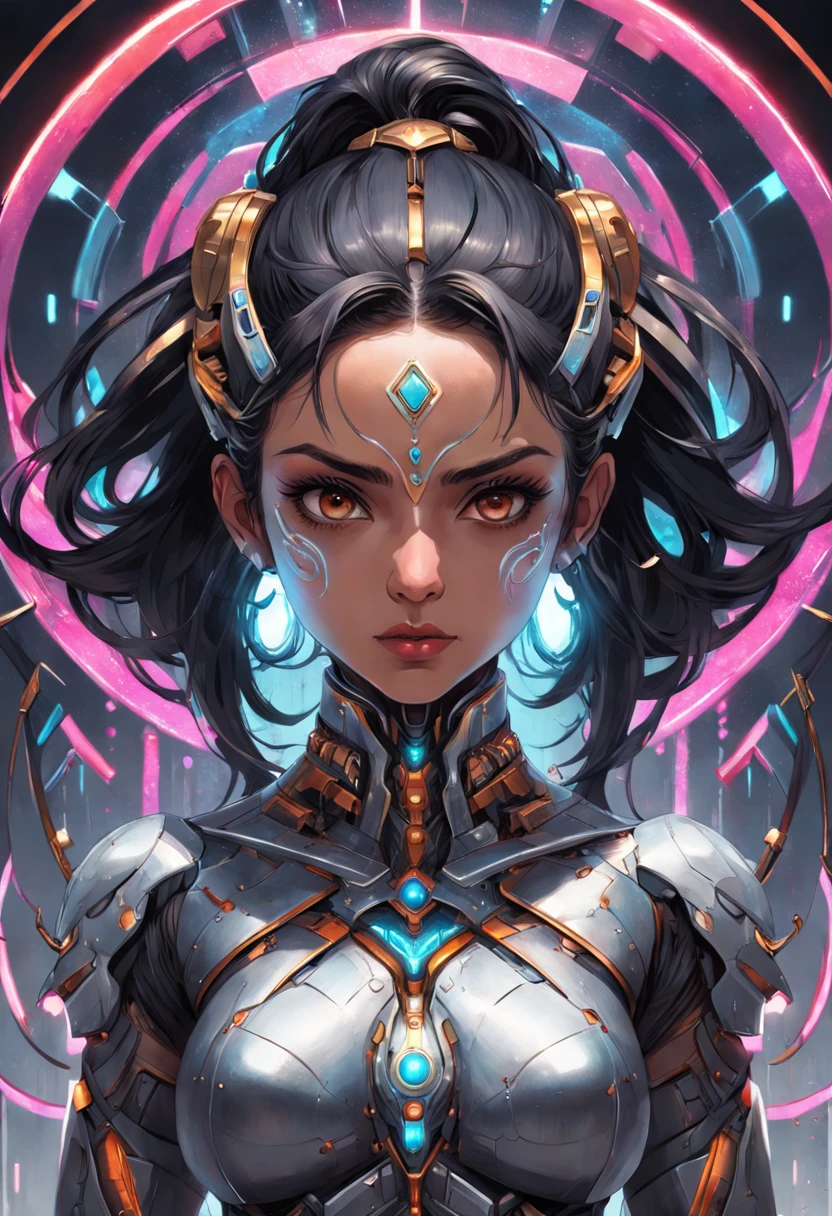 without Background,Futuristic Indigenous Futurism,Actress Priyanka Chopra is an advanced cybernetic cyborg, Indian Hindu goddess of war;, sensuality,Artistic details,Hindu Cyberpunk Mythology,Epic sci-fi fantasy, centered,in the style of fantastic futuristic fantasy compositions by Nick Alma, Dark prism, Dark, Metal compositions, Symmetrical arrangement, iridescent metallic colors , Characteristic noses, ethereal,Blood splatters colorful, Eye-catching metal compositions, symmetrical geometry, Characteristic noses, Gothic references, with bold lines and streaks of black color,White,Red, Gold & Silver, fantasy sci-fi art, a detailed painting, ,Alex Alemany merges with Karol Buck