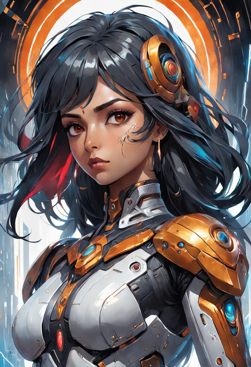 without Background,Futuristic Indigenous Futurism,Actress Priyanka Chopra is an advanced cybernetic cyborg, Indian Hindu goddess of war;, sensuality,Artistic details,Hindu Cyberpunk Mythology,Epic sci-fi fantasy, centered,in the style of fantastic futuristic fantasy compositions by Nick Alma, Dark prism, Dark, Metal compositions, Symmetrical arrangement, iridescent metallic colors , Characteristic noses, ethereal,Blood splatters colorful, Eye-catching metal compositions, symmetrical geometry, Characteristic noses, Gothic references, with bold lines and streaks of black color,White,Red, Gold & Silver, fantasy sci-fi art, a detailed painting, ,Alex Alemany merges with Karol Buck