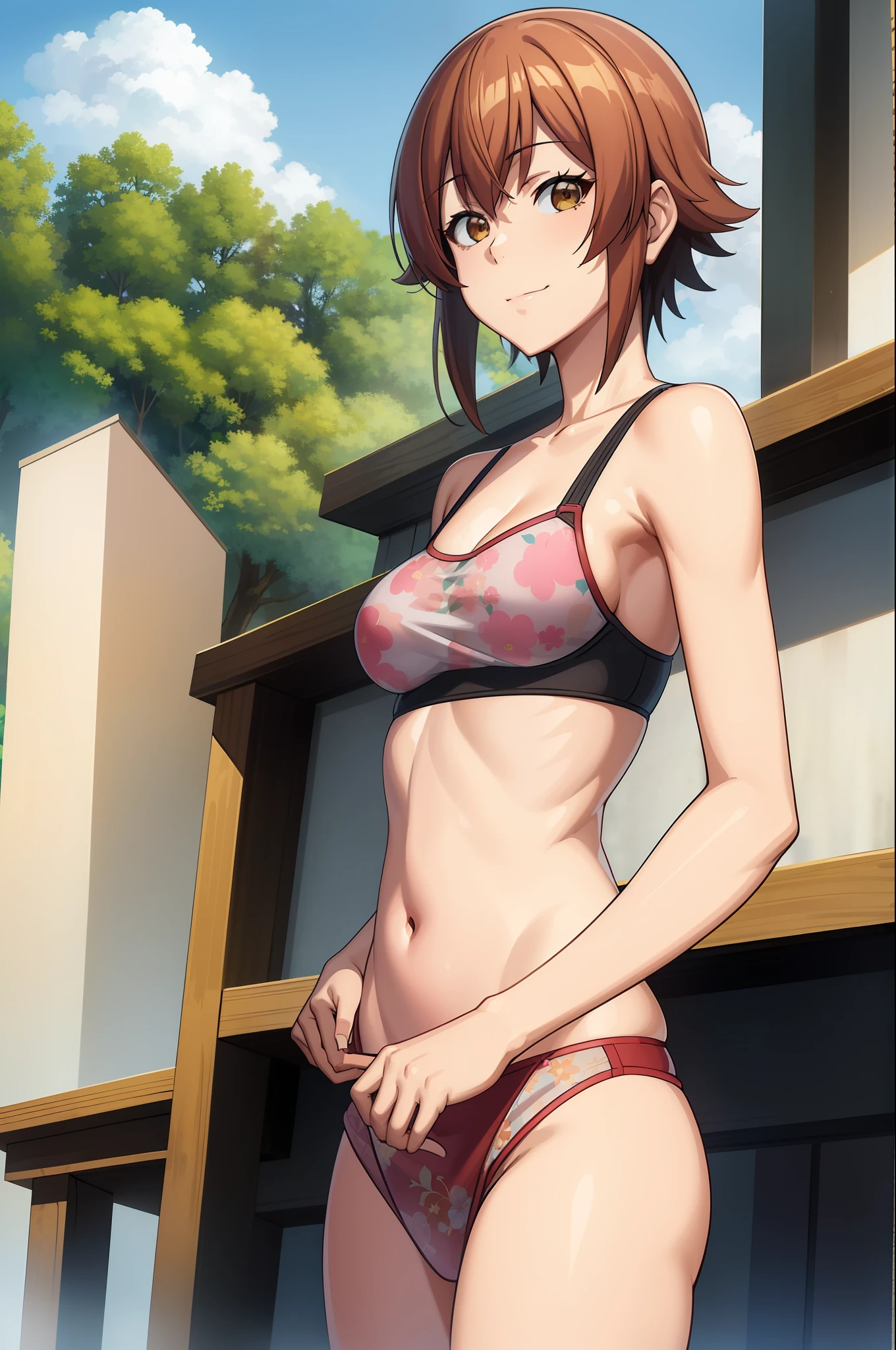 best quality, (masterpiece:1.2), highly detailed, standing, outdoors,
1girl, solo, kotegawa chisa,
looking at viewer, evil smile, closed mouth, upper body,
brown eyes, brown hair, short hair, off shoulder, navel, sleeveless, spat, see-through, sport bra, presenting armpit