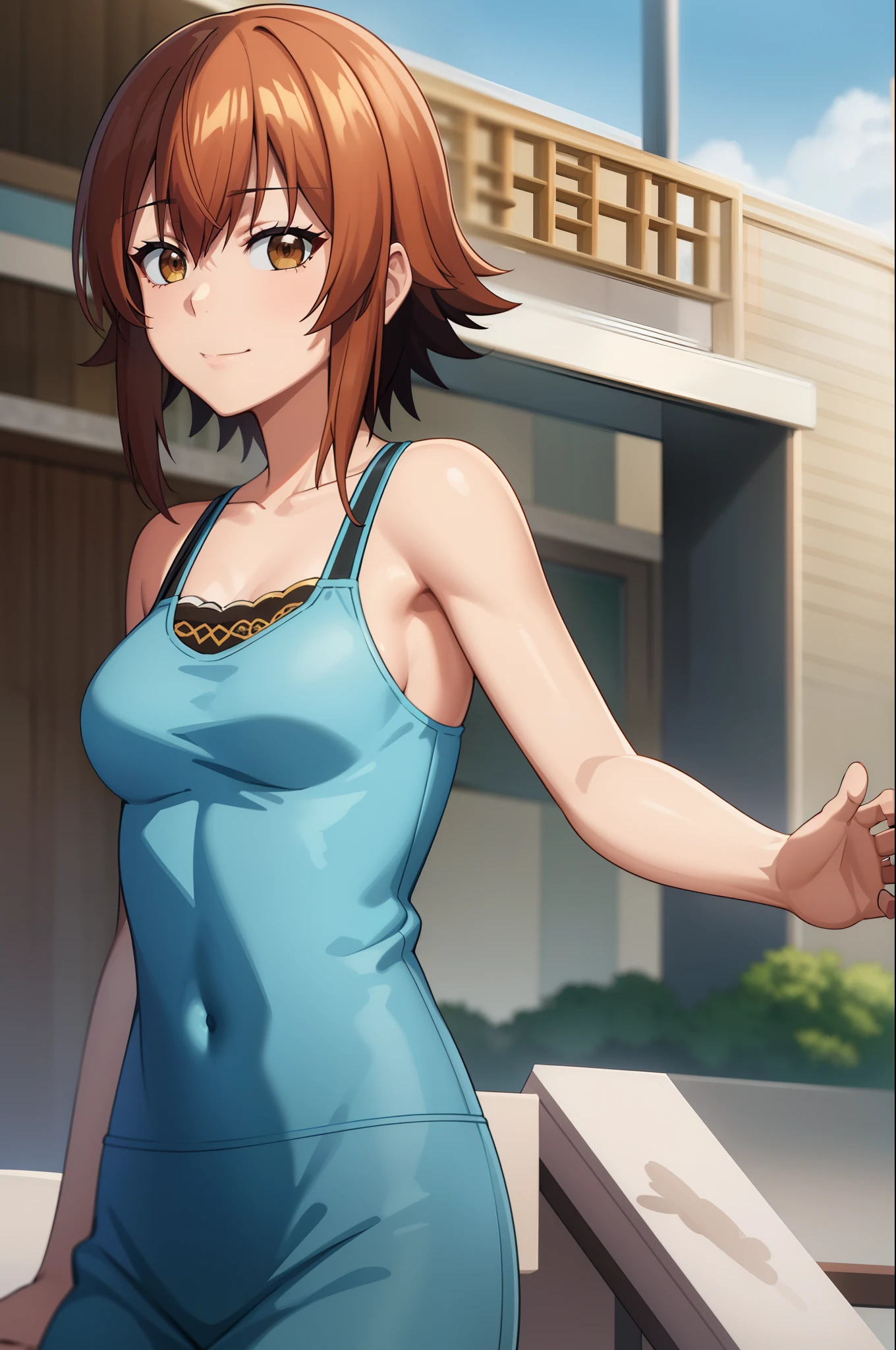 best quality, (masterpiece:1.2), highly detailed, standing, outdoors,
1girl, solo, kotegawa chisa,
looking at viewer, evil smile, closed mouth, upper body,
brown eyes, brown hair, short hair, off shoulder, navel, sleeveless, spat, see-through, sport bra, presenting armpit