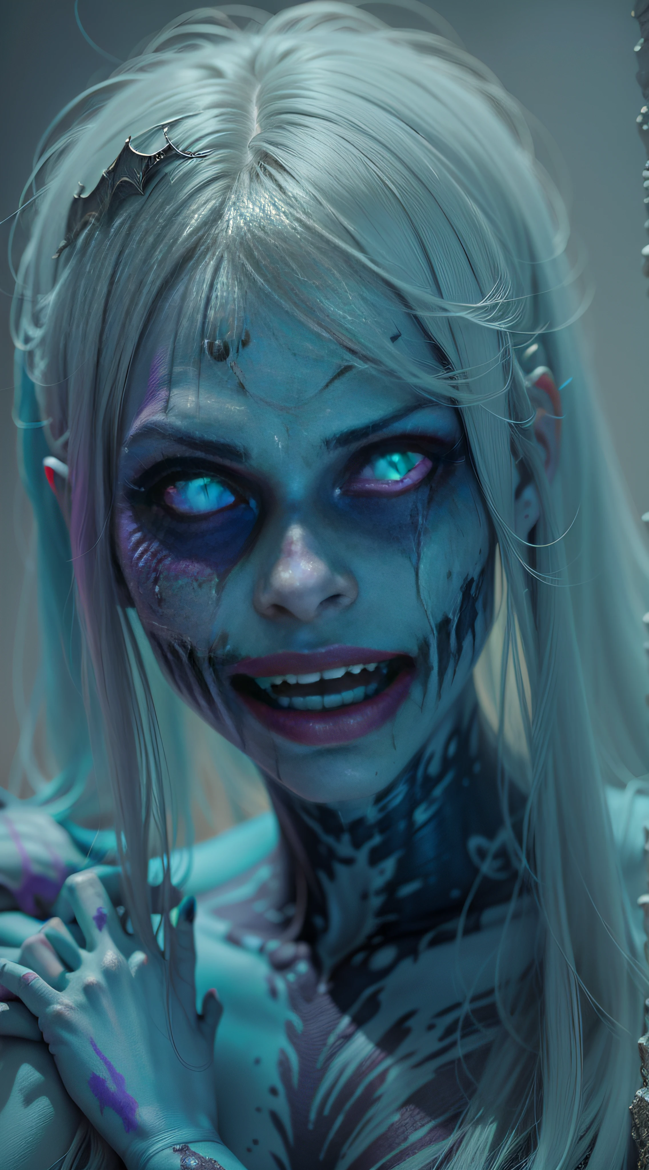 masterpiece by H. P. Lovecraft realistic photography, without clothes zombie ((nude zombie)), decomposing purple-blue body, 12k definition, full body of two beautiful cute nude creepy scary psycho zombie twin monster bat girls with sparkly translucent pale ghostly dark evil skin cuddling close without clothes decaying purple-blue body, very intricate scary facepaint bodypaint, detailed bright ghostly blue eyes, freaky shiny emo, light blue and light green dark hair, and evil scary wicked grin-blue, dark shadowy scene in very spooky haunted house, ultra-detailed, ((dark art)), horror swamp, full body view, head to toe, UHD