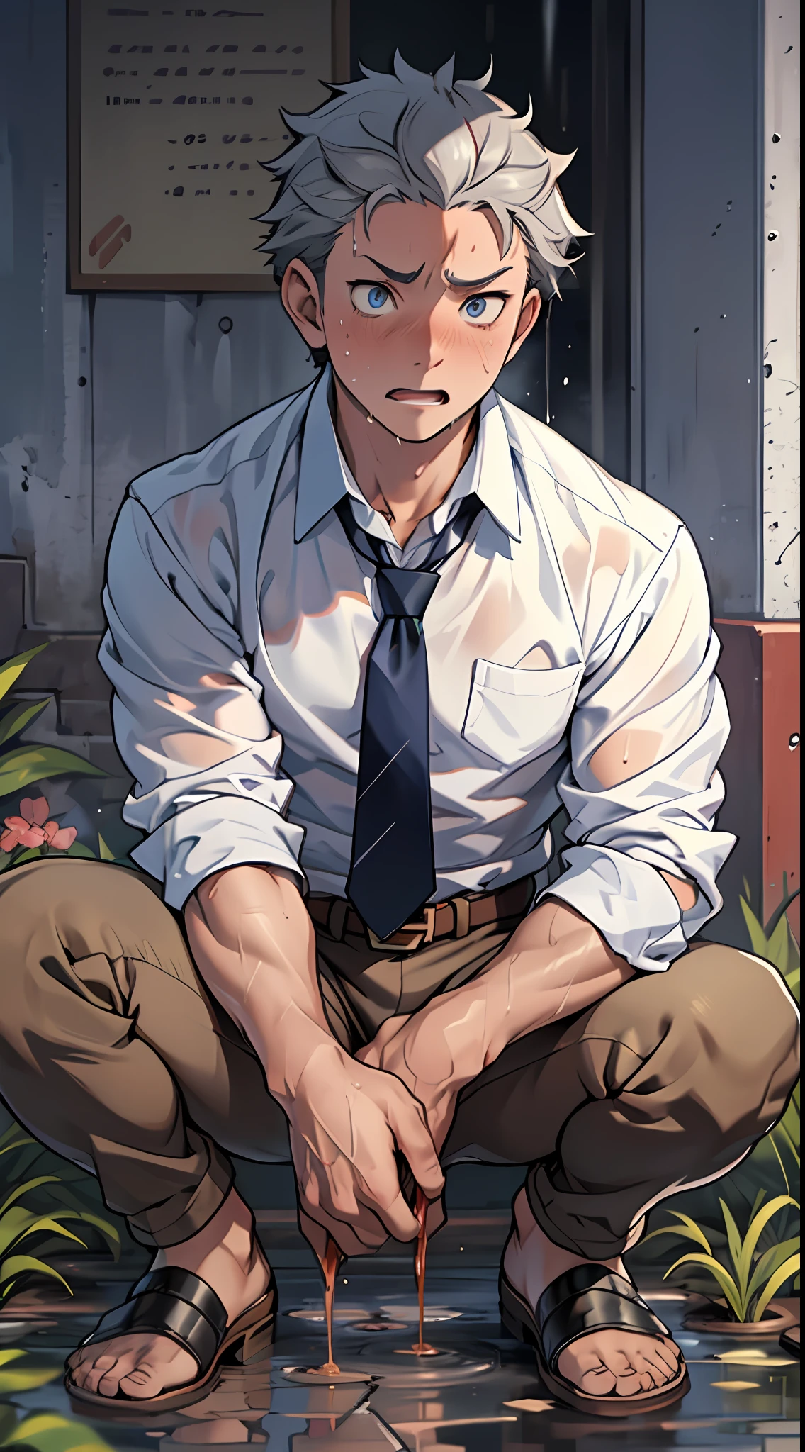 （1 Adult male），A high resolution， Sharp focus， Pixiv masterpiece， （（Complicated details））， highly  detailed， natsuki_subaru， 1 man，Defeat， crestfallen，full bodyesbian，kneels on the ground， Sweaty crotch，Pee on the legs，pissing，Urine runs down the thigh of the pants，embarressed，exhilarated，is shocked，panicking，worry，A small puddle of their own urine forms around the feet，Urine runs down the crotch，Drenched，rain，The shirt is soaked，（A gesture of pleading），blue color eyes（eyes glowing）， Short gray hair，White long-sleeved shirt，Wear a tie，Wear a belt，perspire