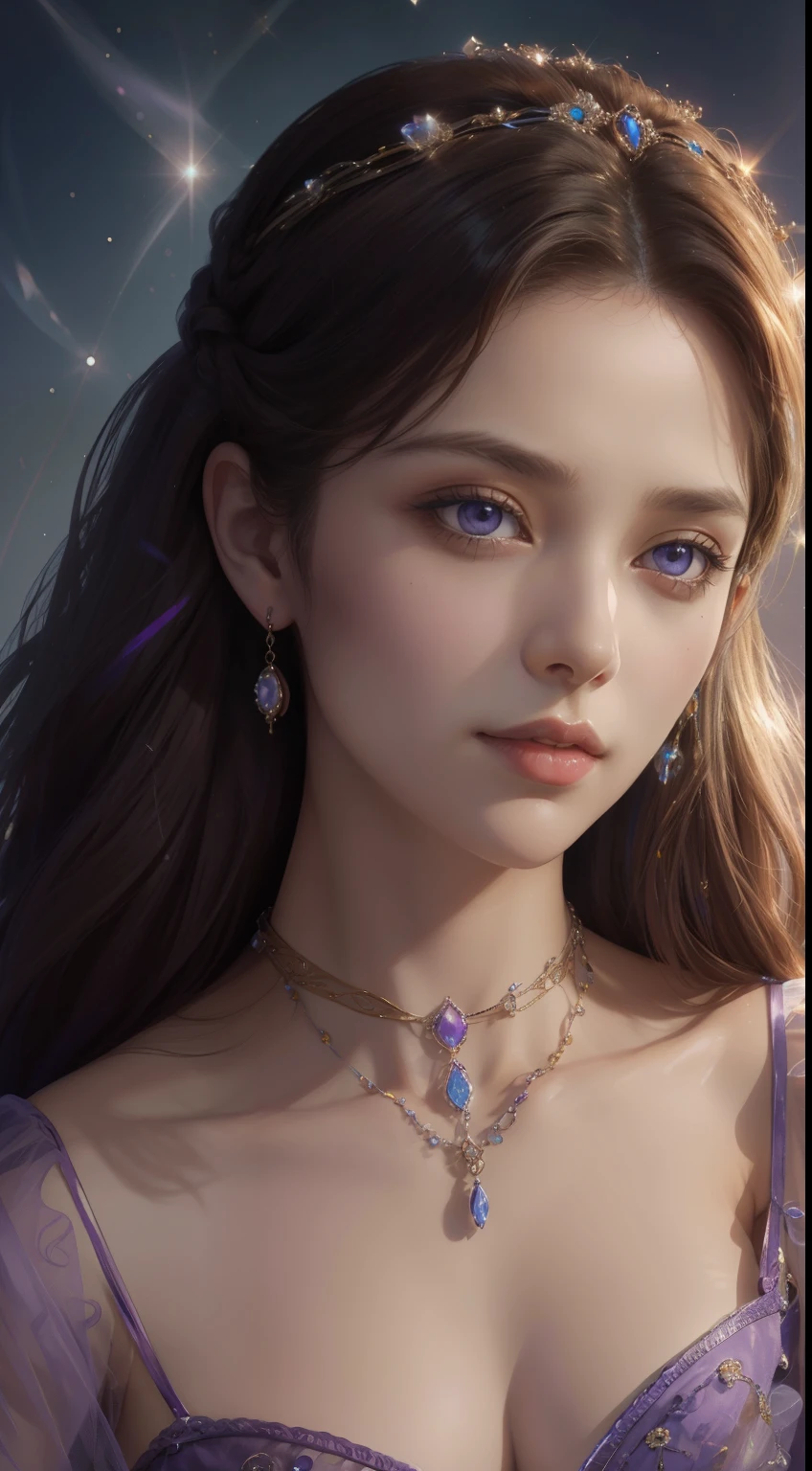 tmasterpiece，Highest image quality，A beautiful bust of a noble maiden，Delicate brown braided hair，Violet eyes are clear，Embellished with a dazzling array of exquisite jewelry（head gear，choker necklace，耳Nipple Ring，Bracelet or bracelet），Soft light，super detailing，upscaled。