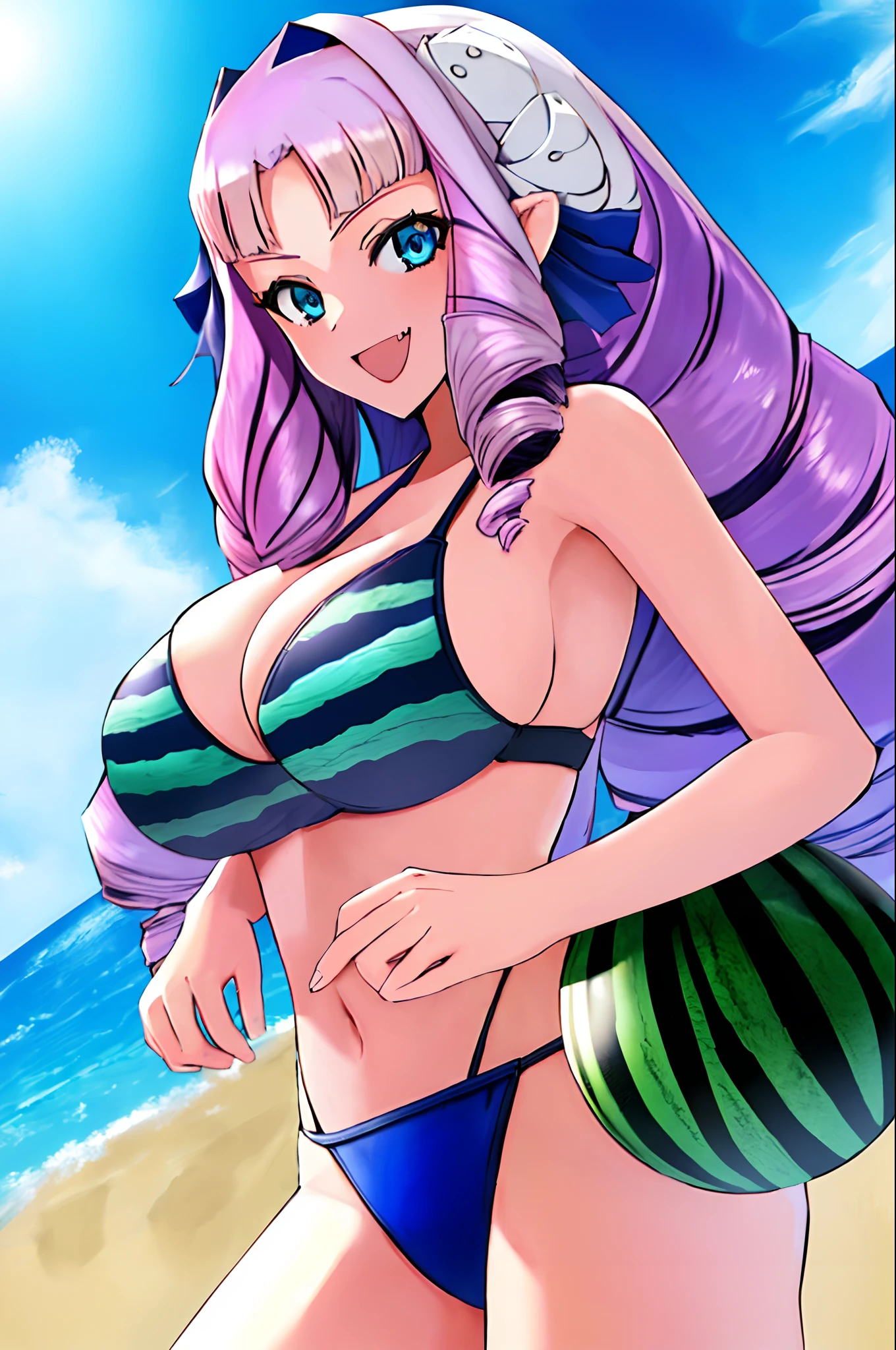 1girl, bikini, watermelon print, medium breasts, smile, one-piece swimsuit, Fujido Oriko, blue eyes, cowboy shot, drill hair, fang, large breasts, long hair, purple hair, white hair, 1girl, masterpiece, best quality, highly detailed